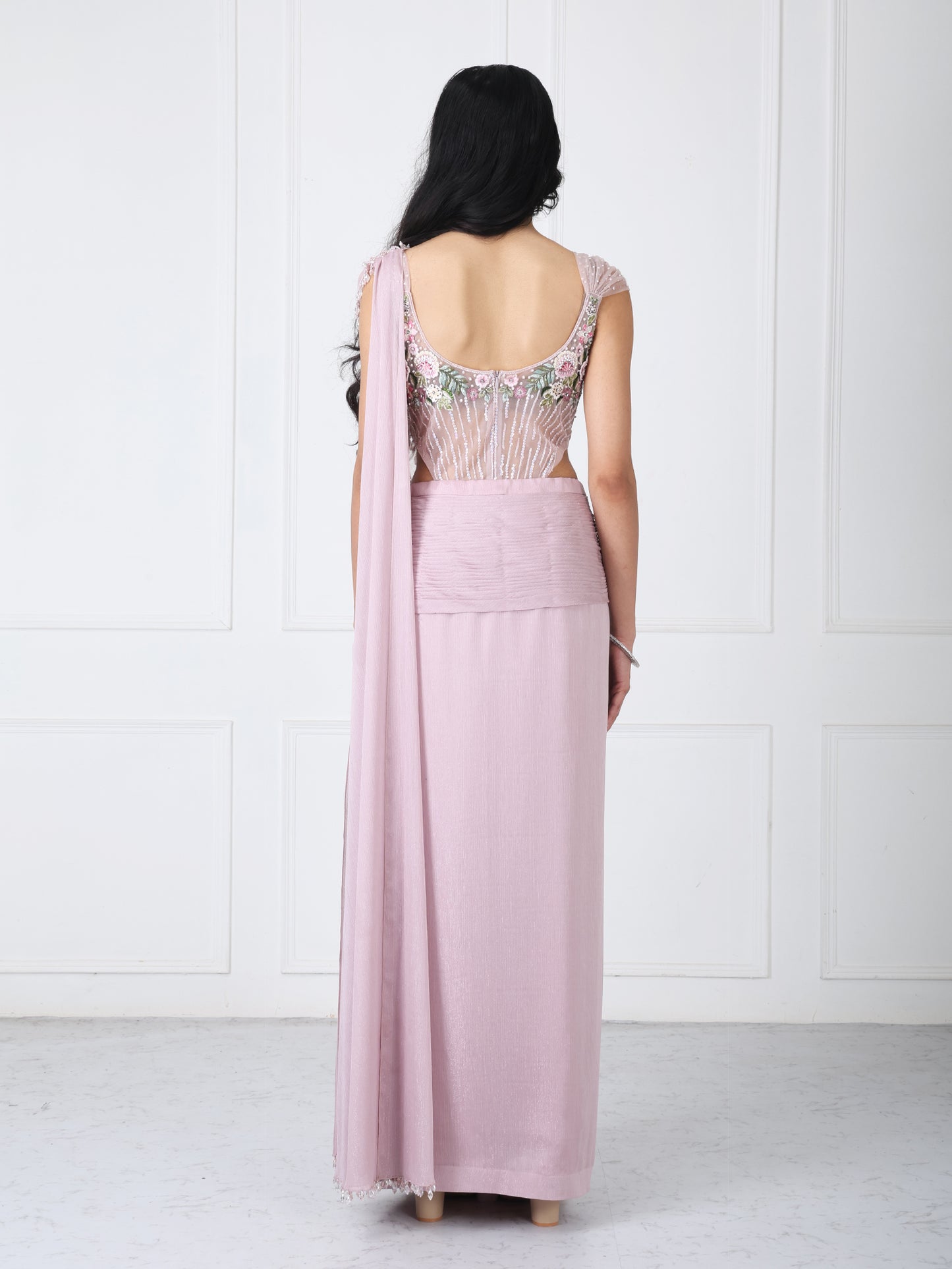 Dusty pink drape saree set