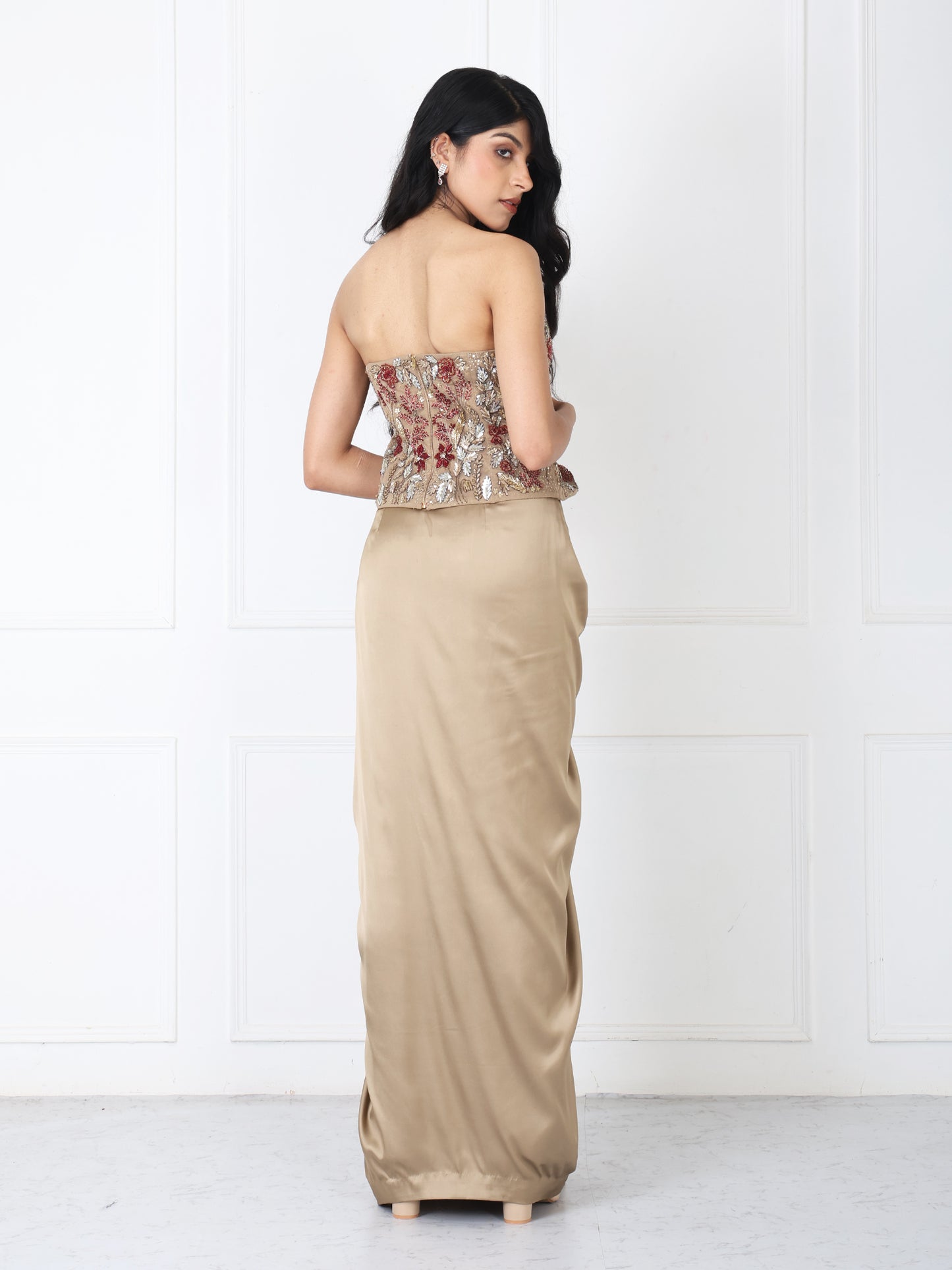 Golden brown drape skirt with embroidered corset