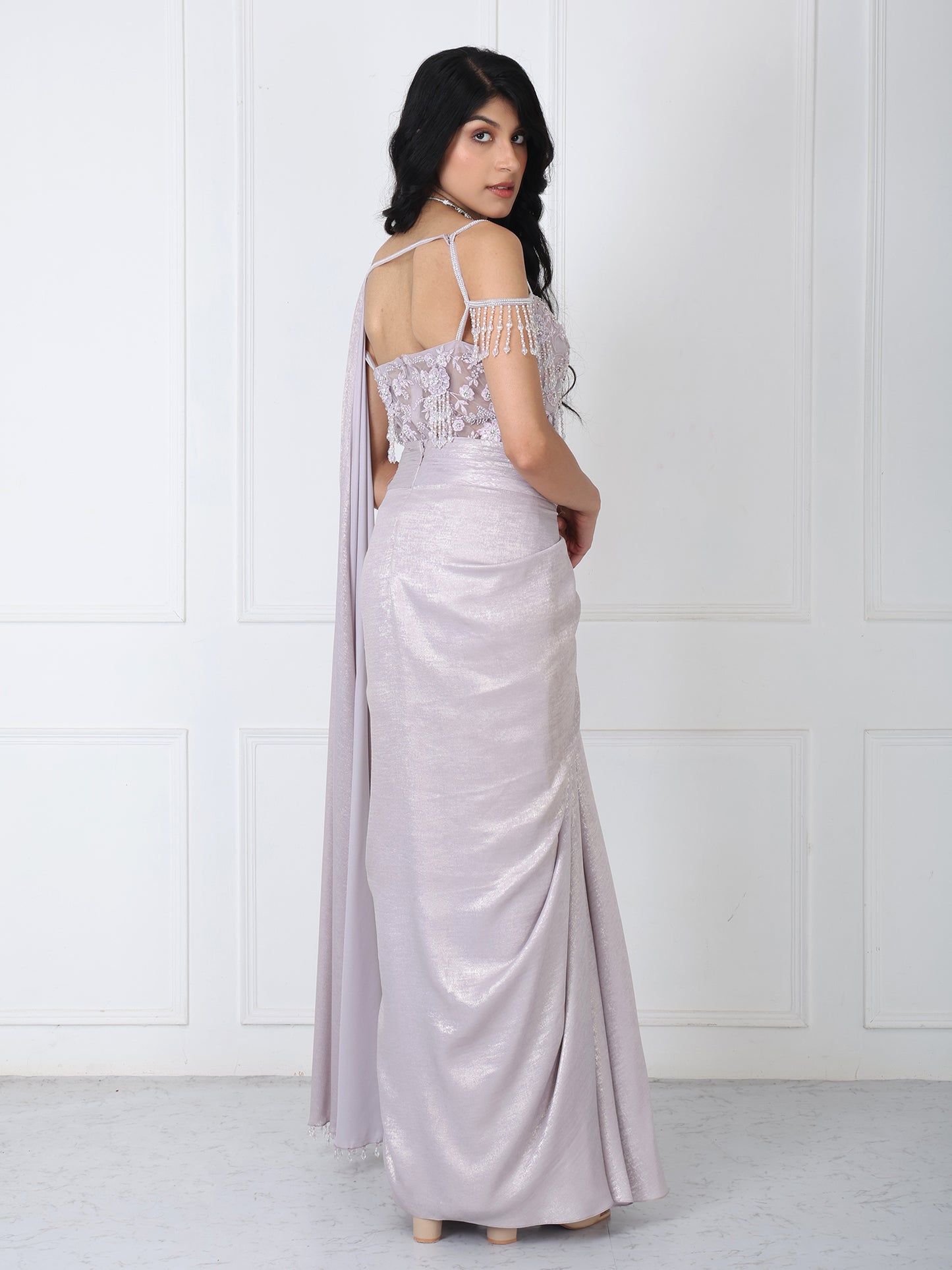 Lilac drape saree with floral embroidered corset
