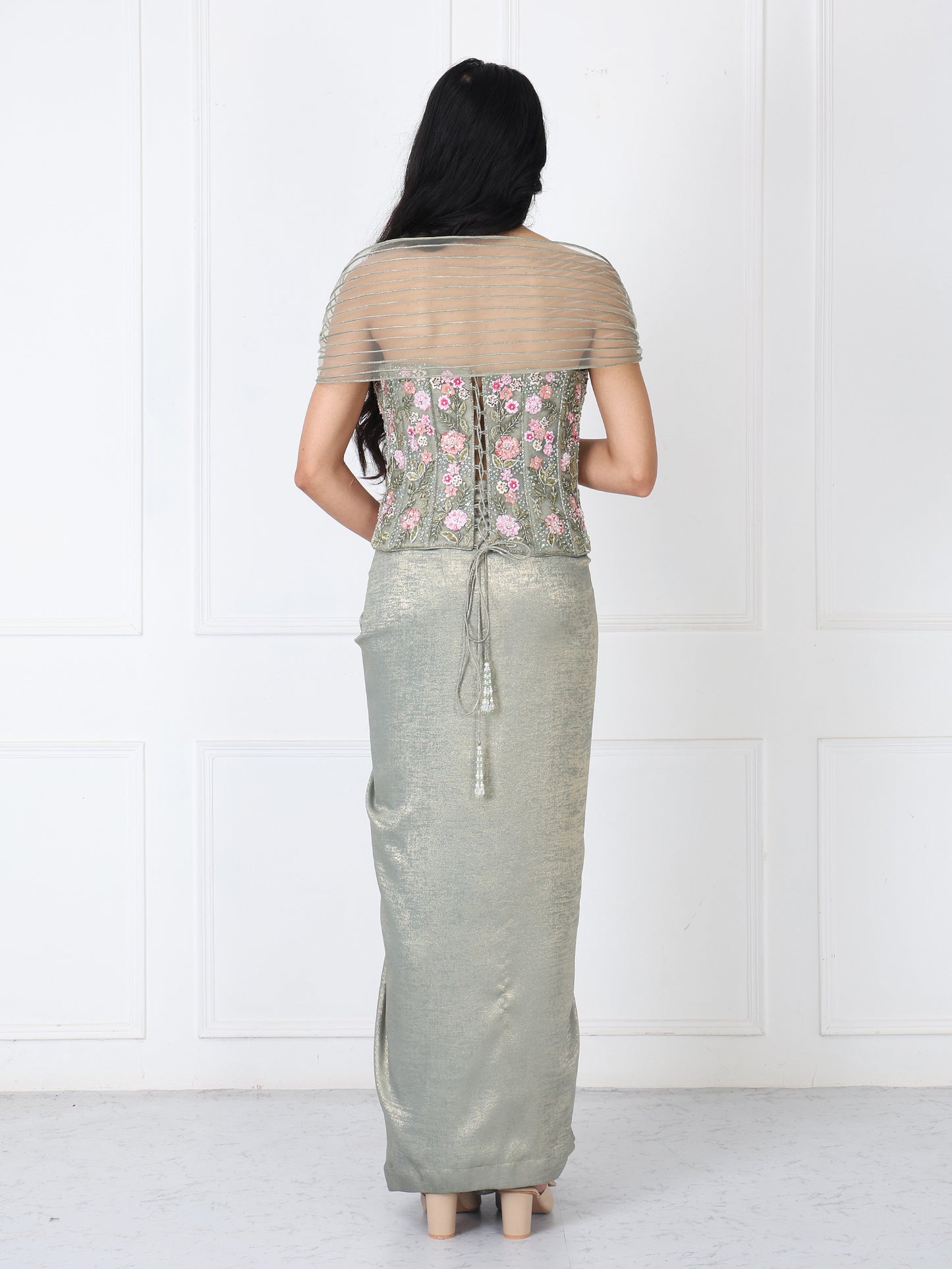 Sage green embroidered corset with drape skirt