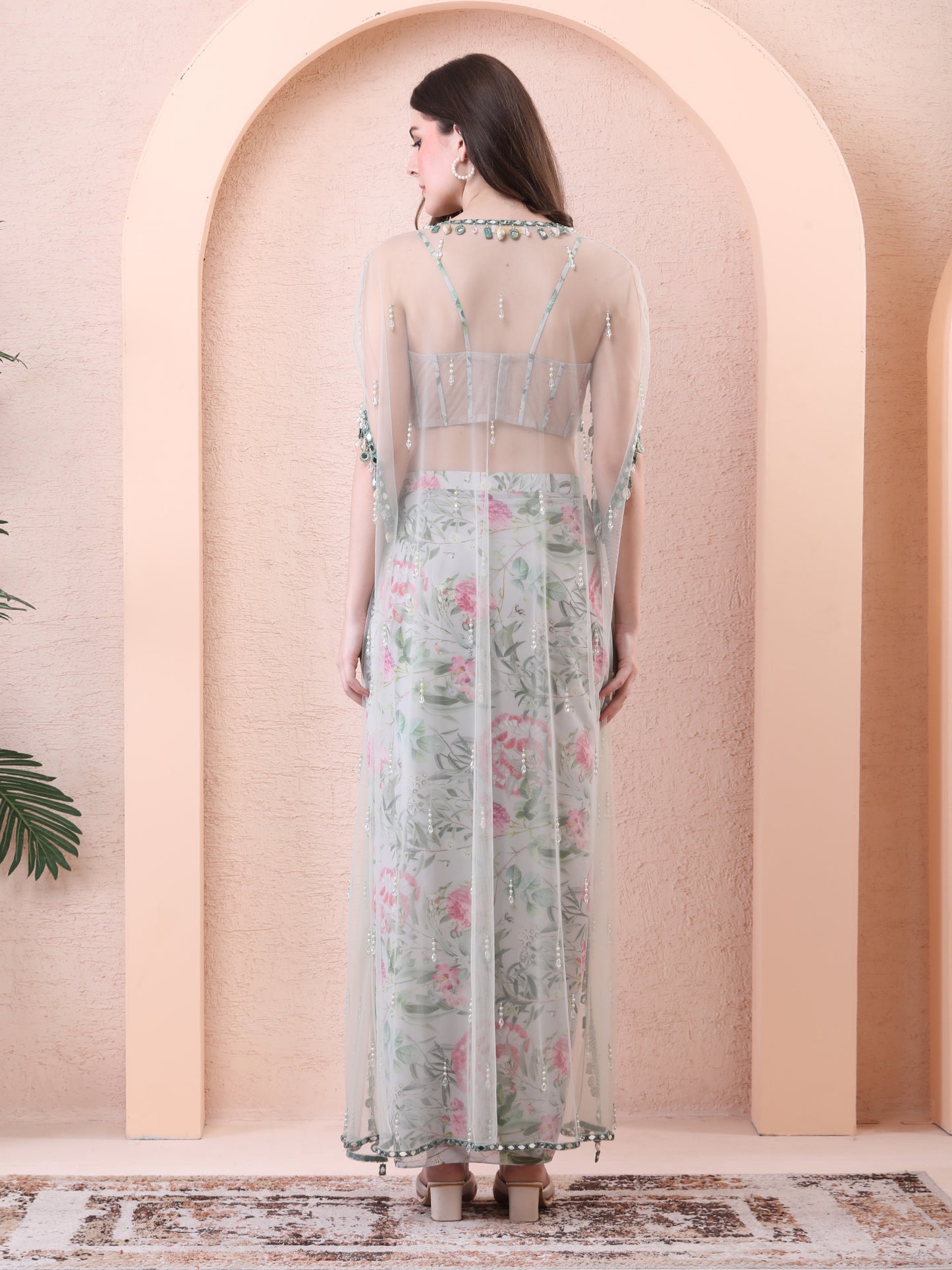 Green Georgette Floral Print Cape Draped Skirt Set