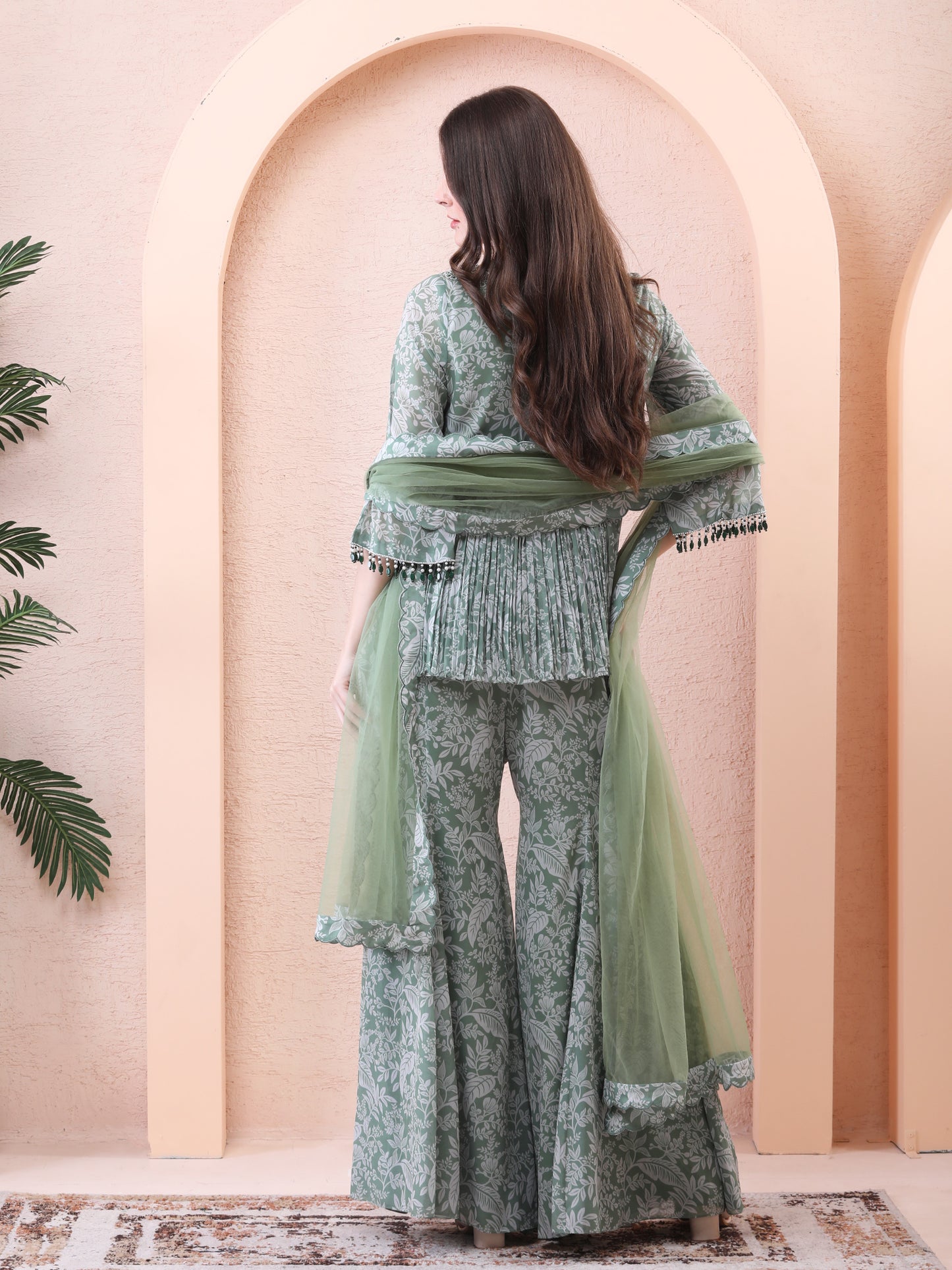 Green Georgette Printed Draped Angrakha Sharara Set