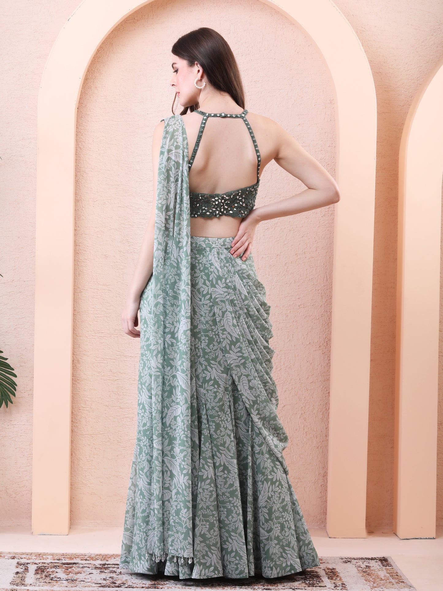 Green Georgette Printed Pre-draped Saree With Blouse