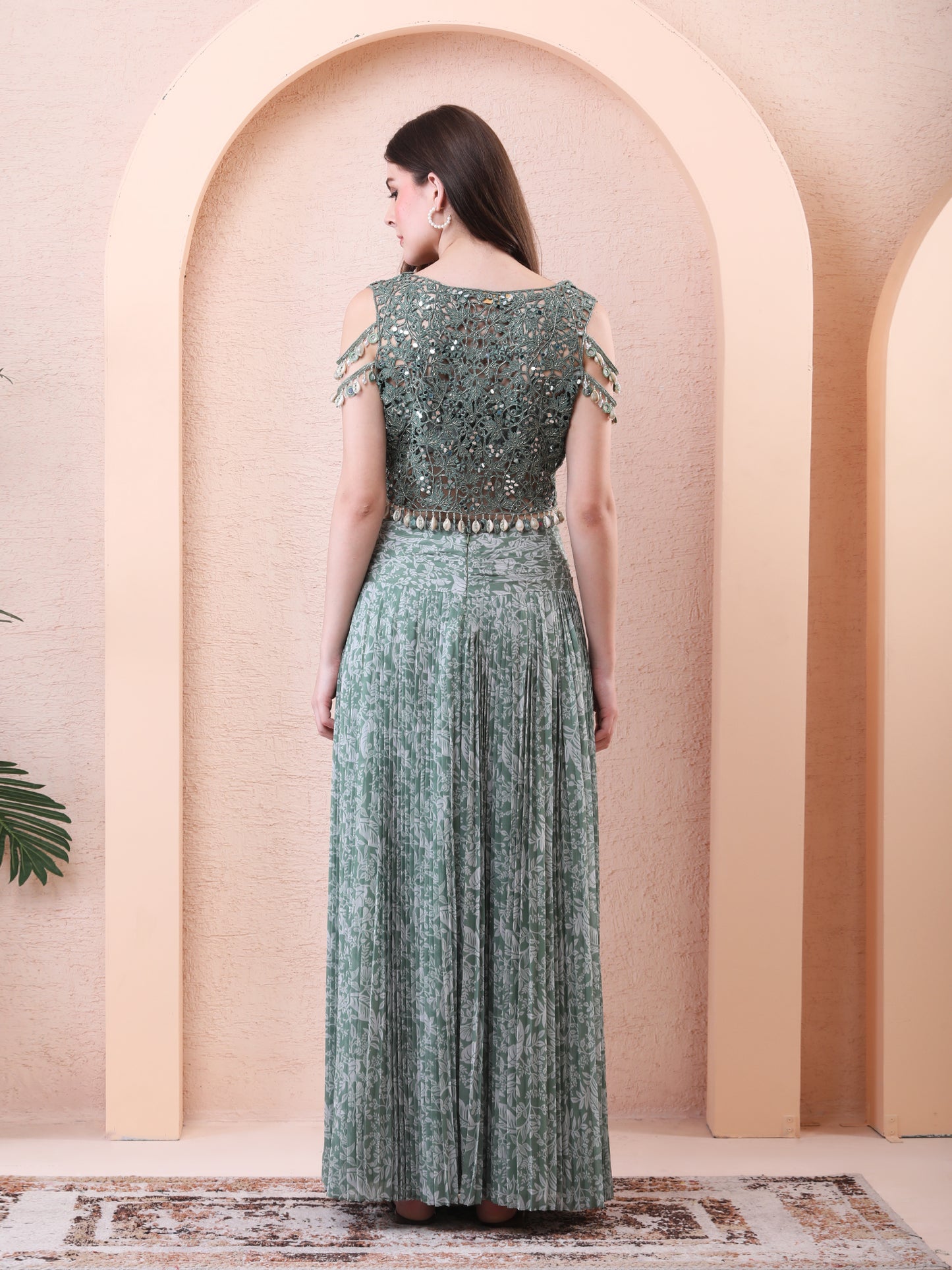 Green Printed Pleated Skirt Set