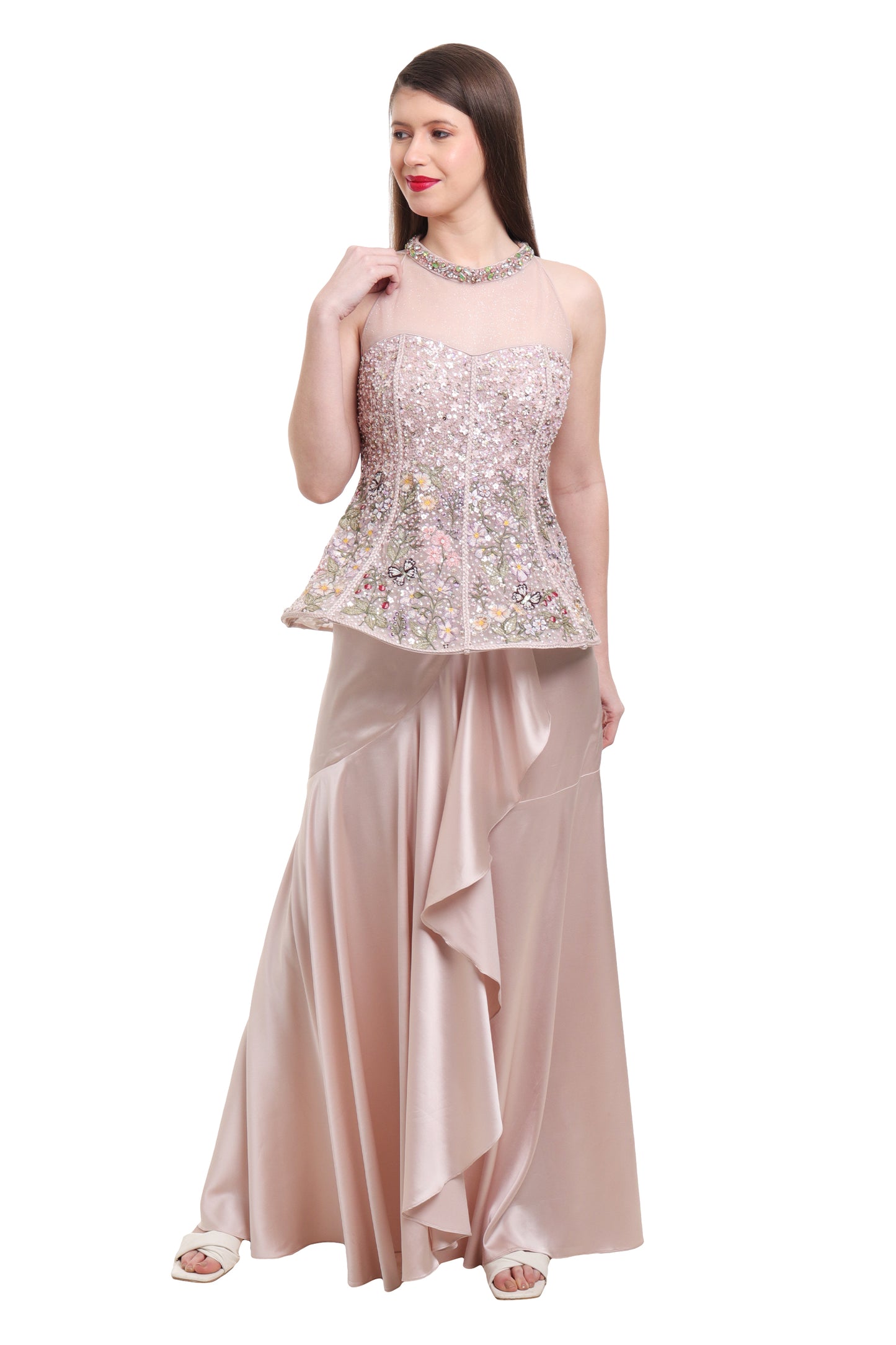 Biege pre draped ruffle skirt with structured top