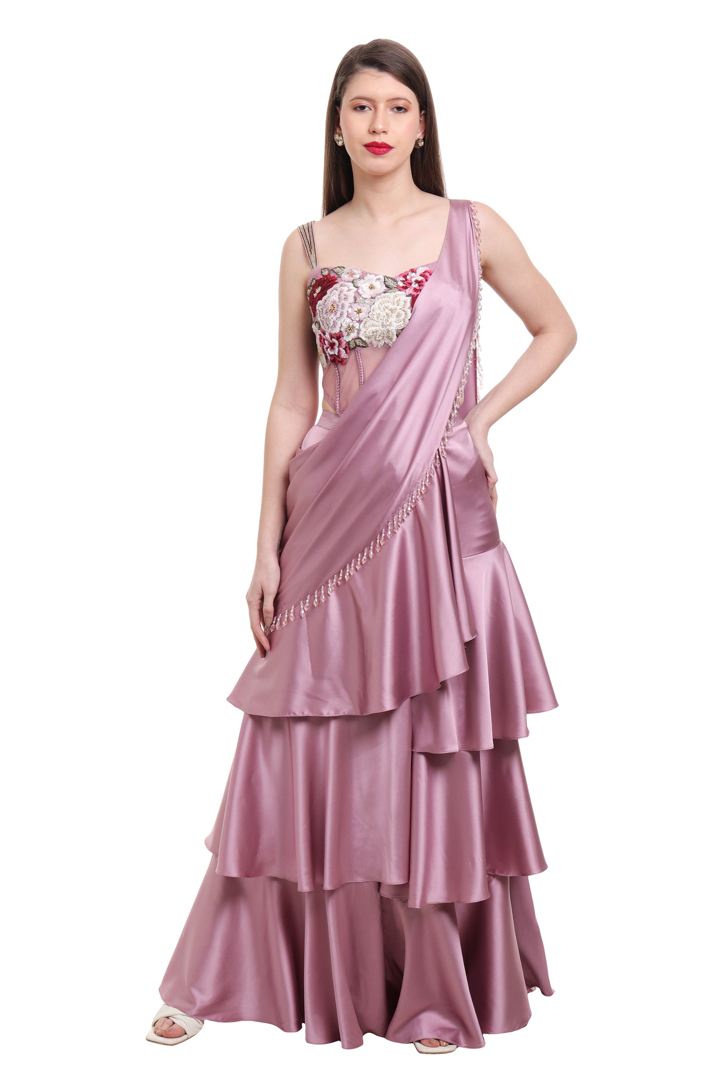 Mauve pre draped ruffle saree with embroidered bodysuit
