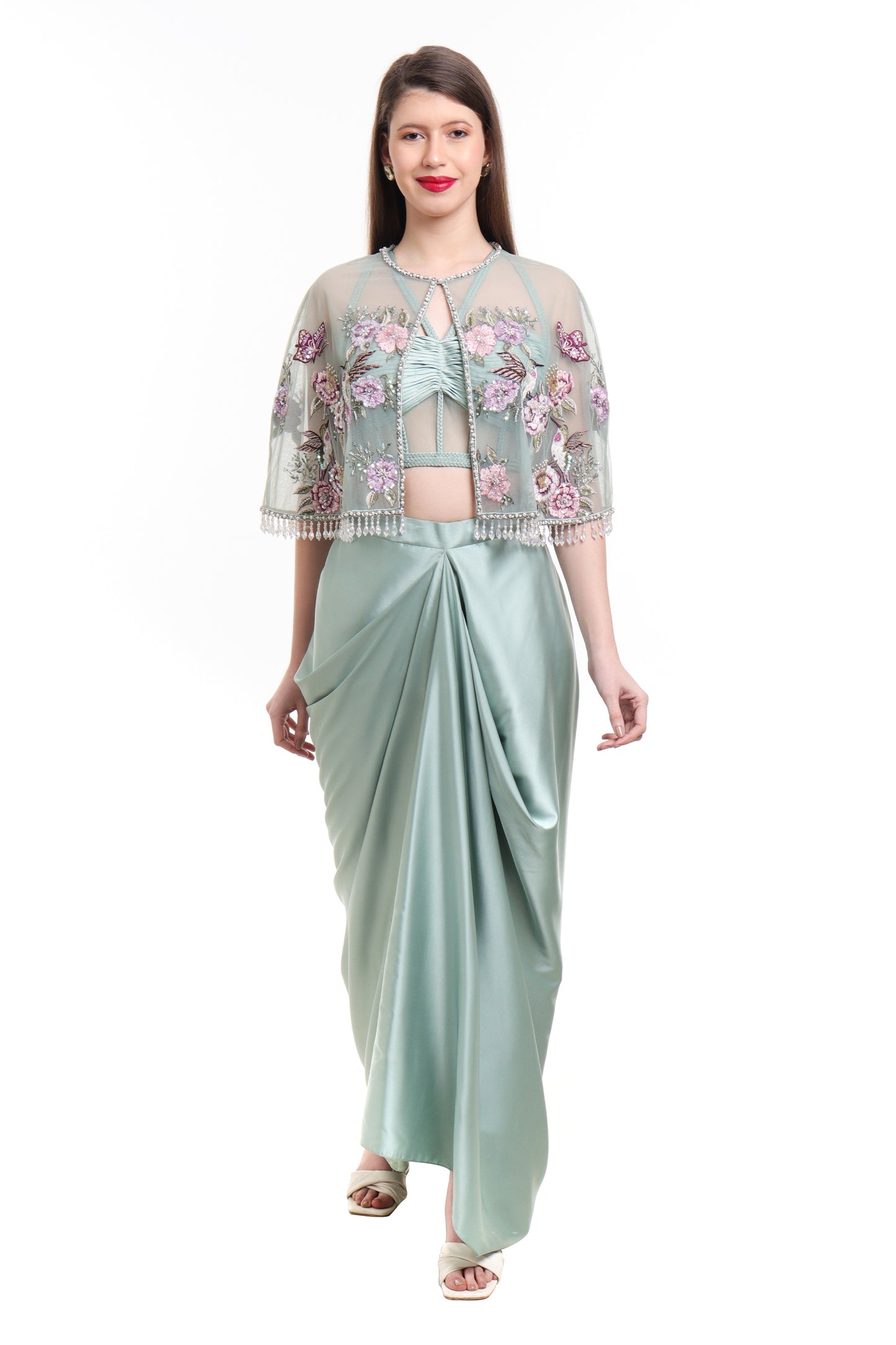 Misty jade green draped skirt with corset blouse and embroidered cape