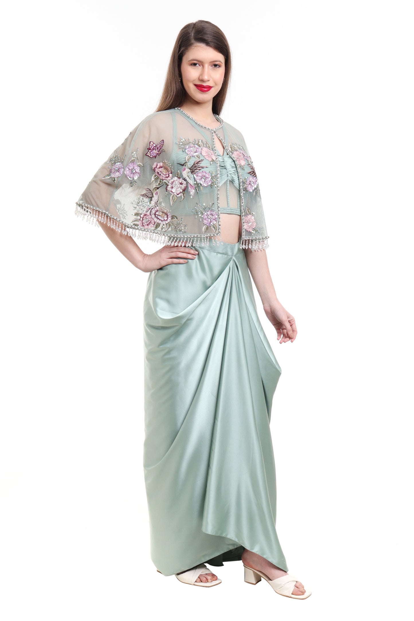Misty jade green draped skirt with corset blouse and embroidered cape
