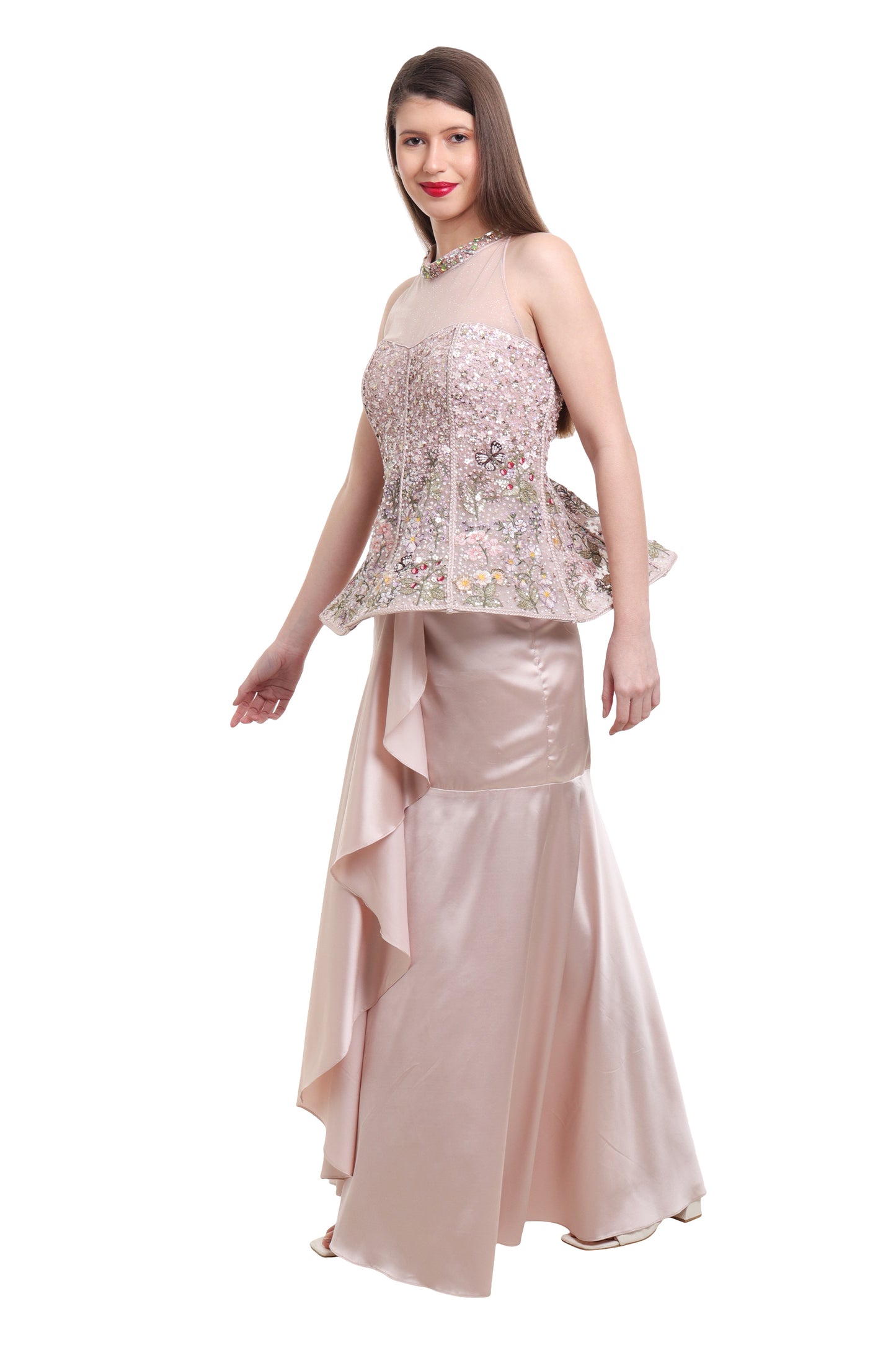 Biege pre draped ruffle skirt with structured top