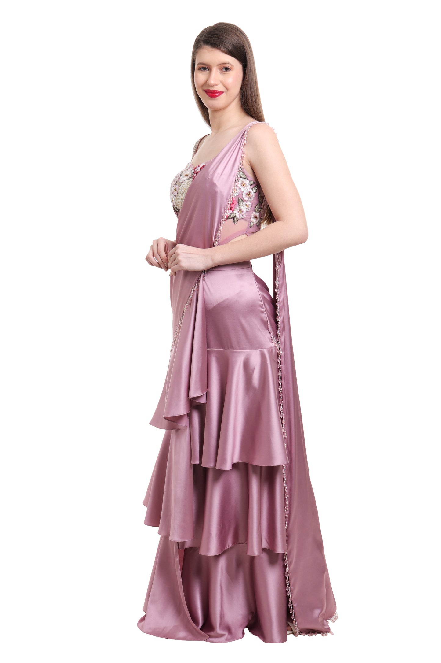Mauve pre draped ruffle saree with embroidered bodysuit