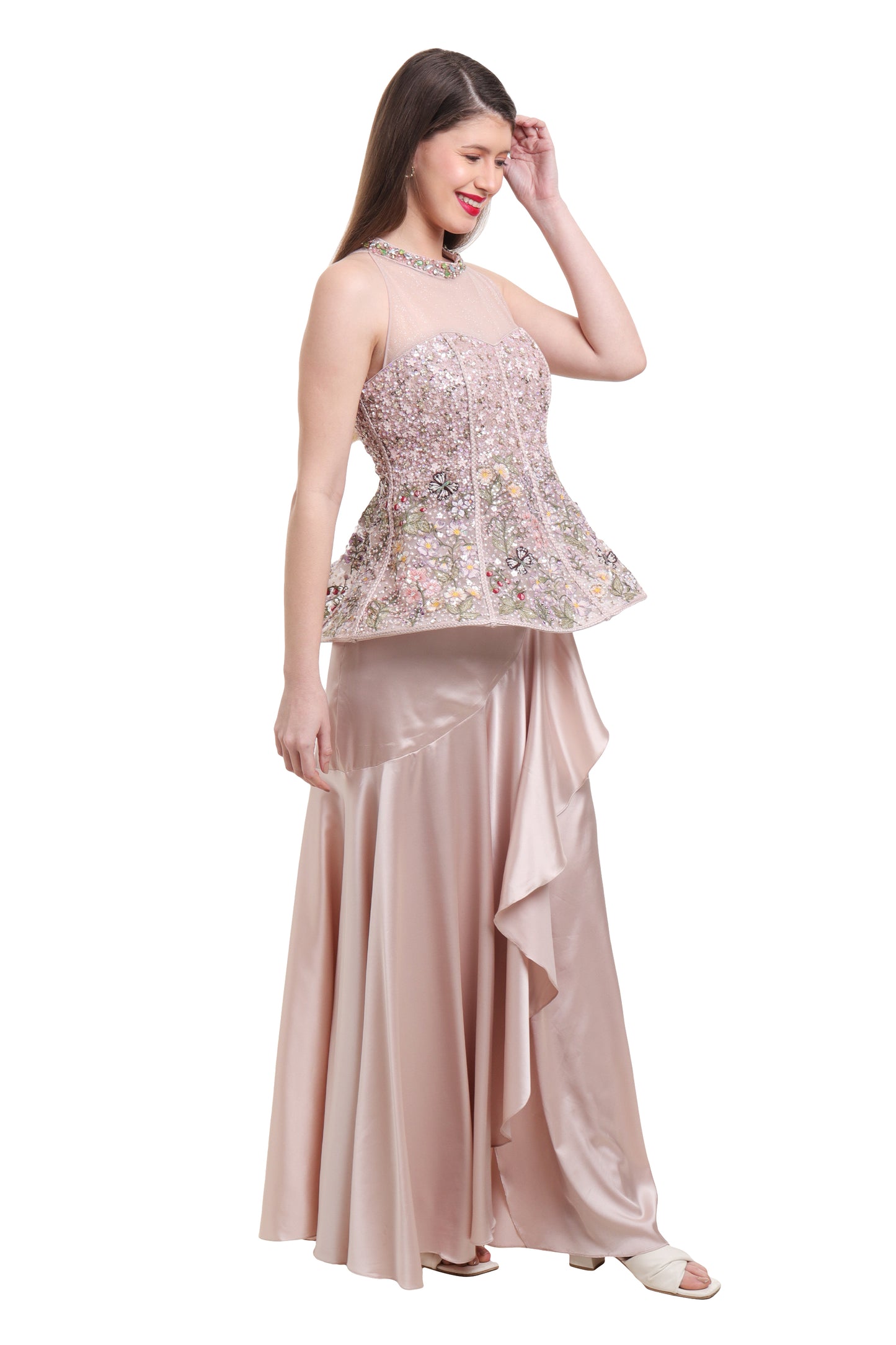 Biege pre draped ruffle skirt with structured top