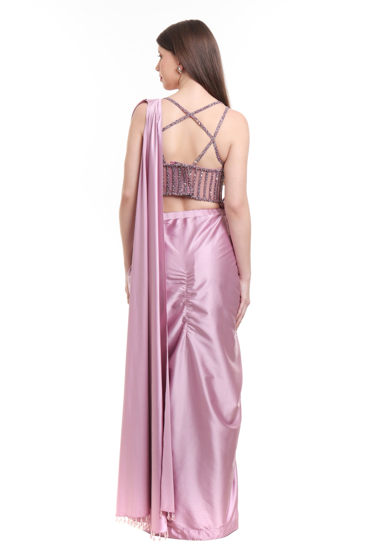 Mauve pre draped saree with embroidered corset blouse
