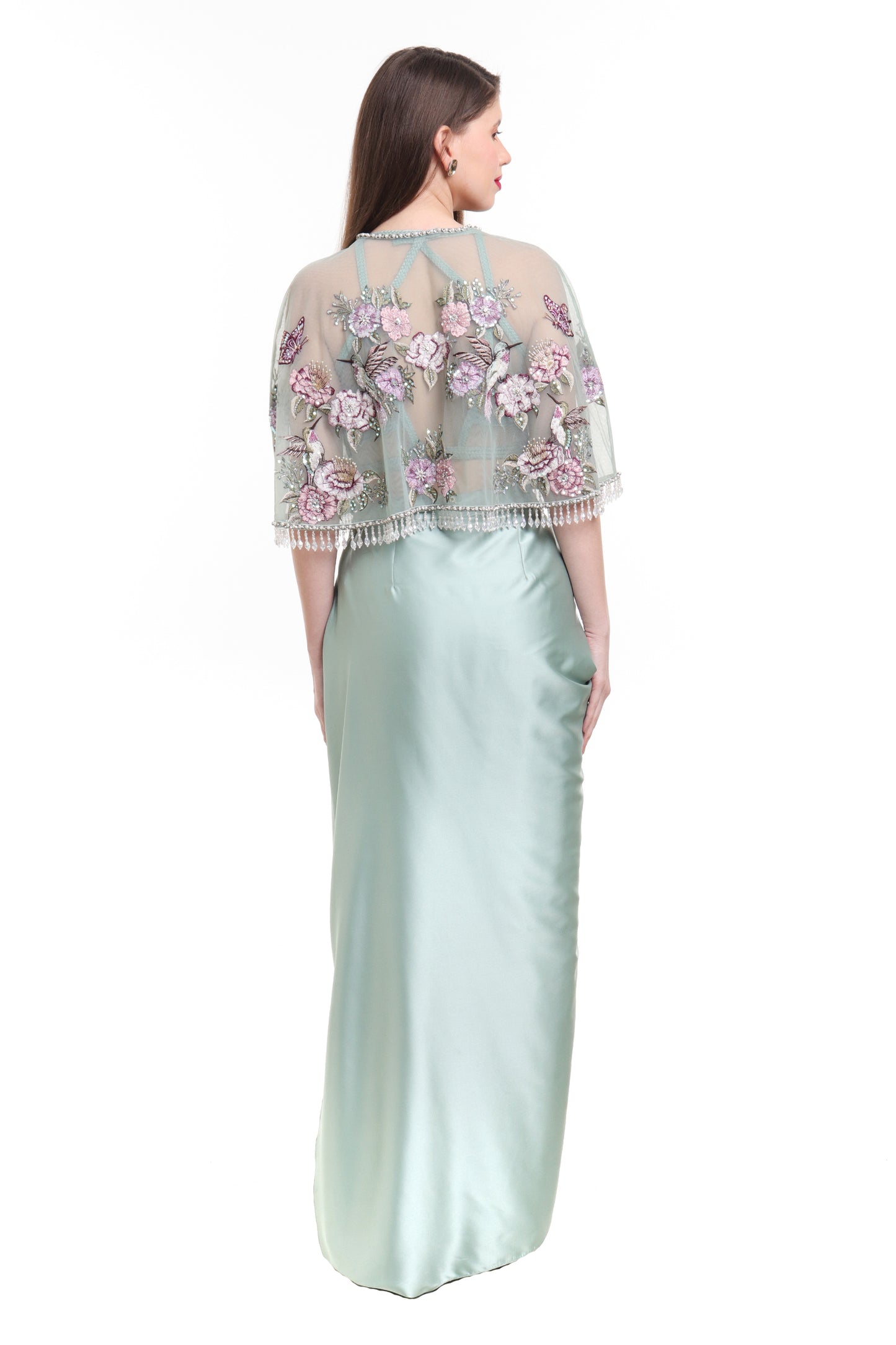 Misty jade green draped skirt with corset blouse and embroidered cape