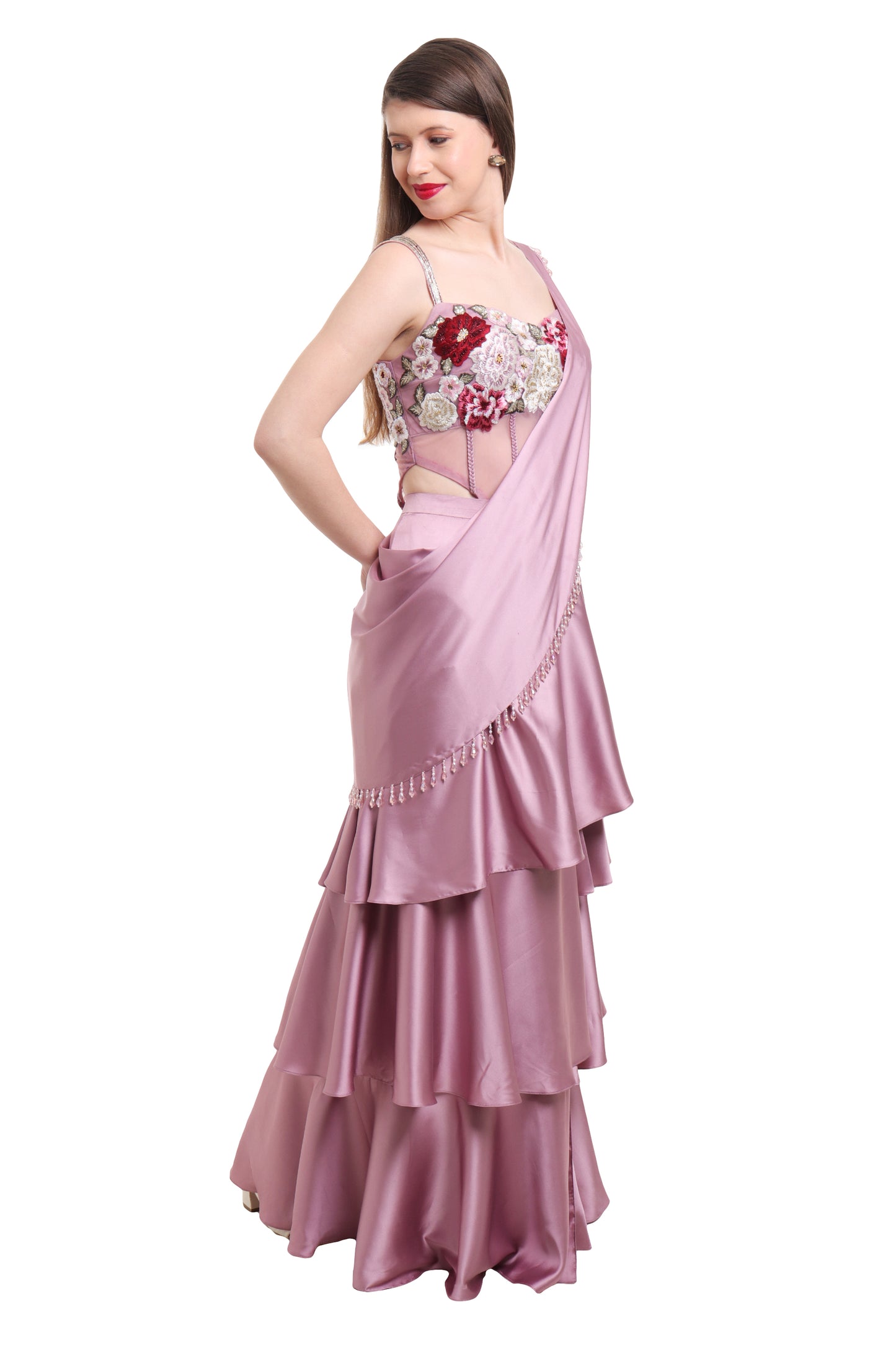 Mauve pre draped ruffle saree with embroidered bodysuit