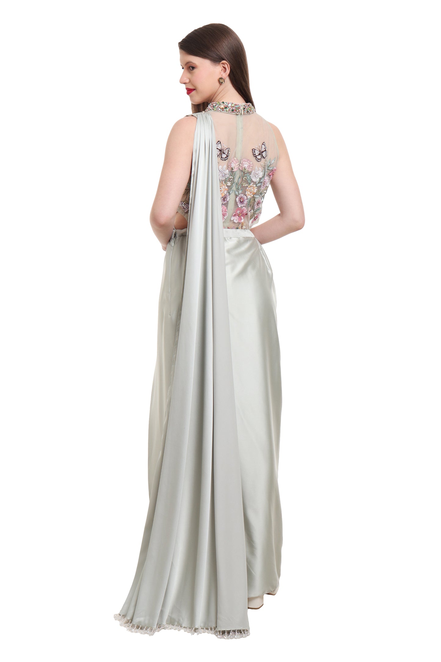 Sage Green pre draped saree with embroidered bodysuit
