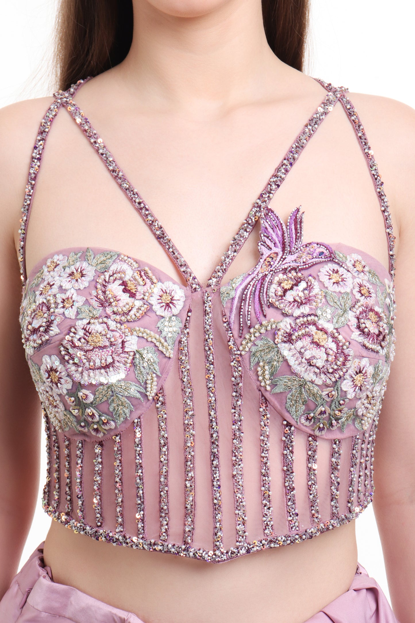 Mauve pre draped saree with embroidered corset blouse
