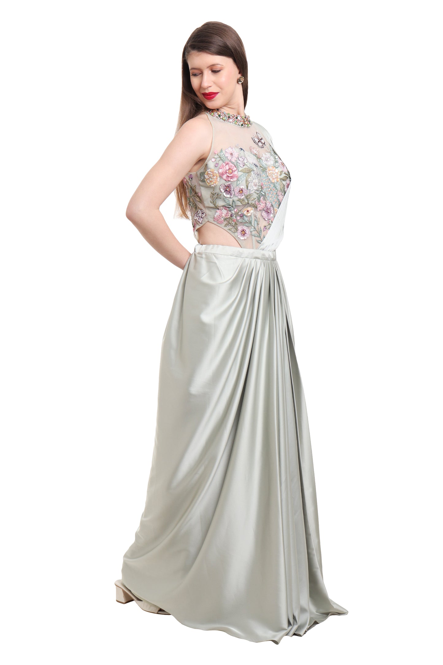 Sage Green pre draped saree with embroidered bodysuit