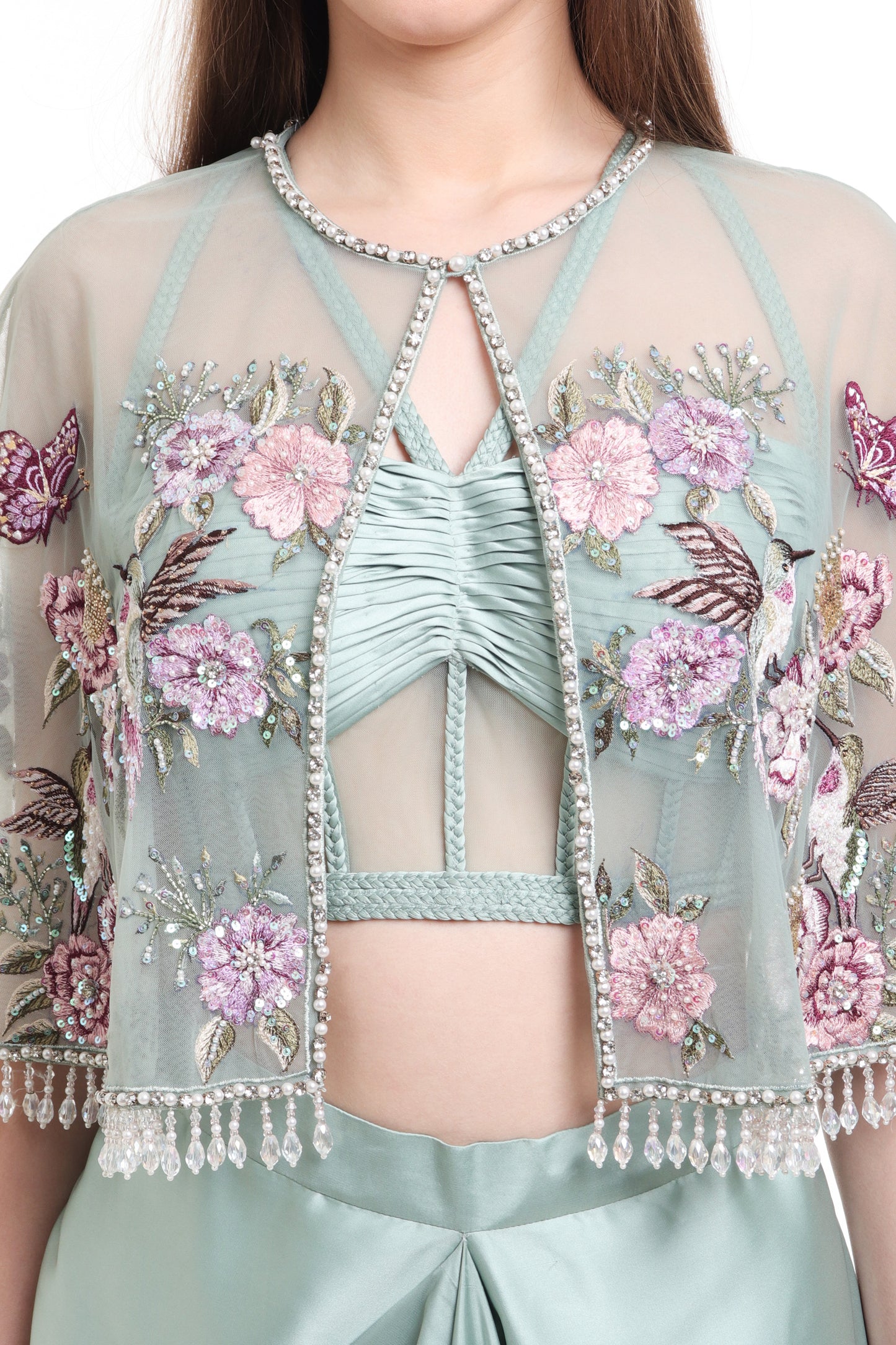 Misty jade green draped skirt with corset blouse and embroidered cape