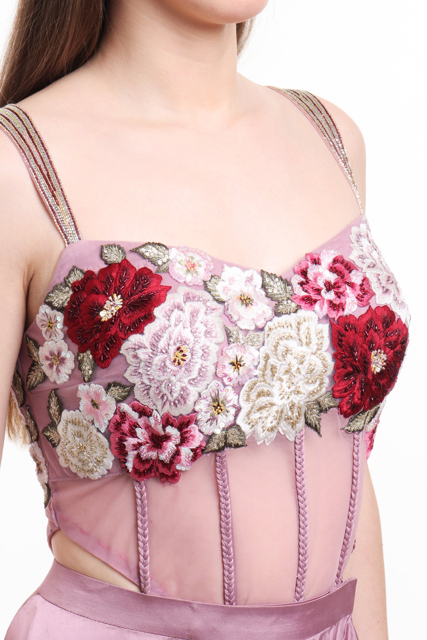 Mauve pre draped ruffle saree with embroidered bodysuit