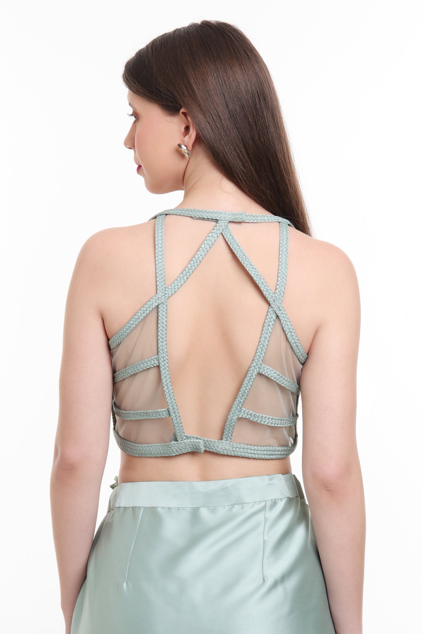 Misty jade green draped skirt with corset blouse and embroidered cape