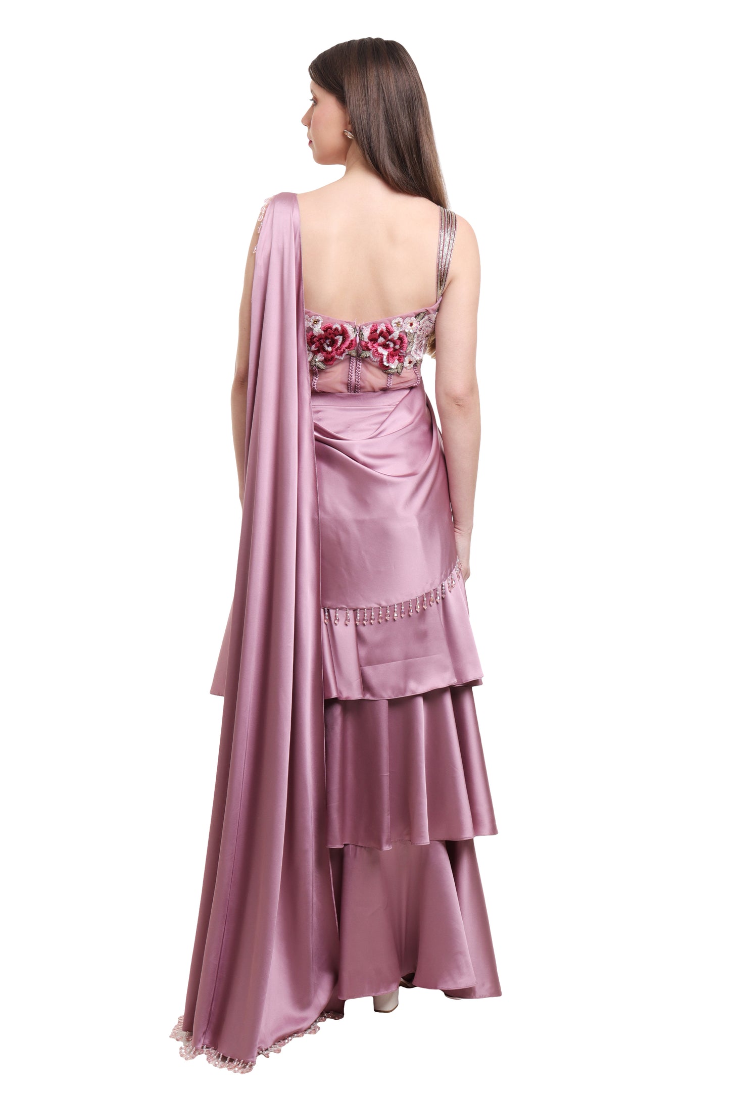 Mauve pre draped ruffle saree with embroidered bodysuit