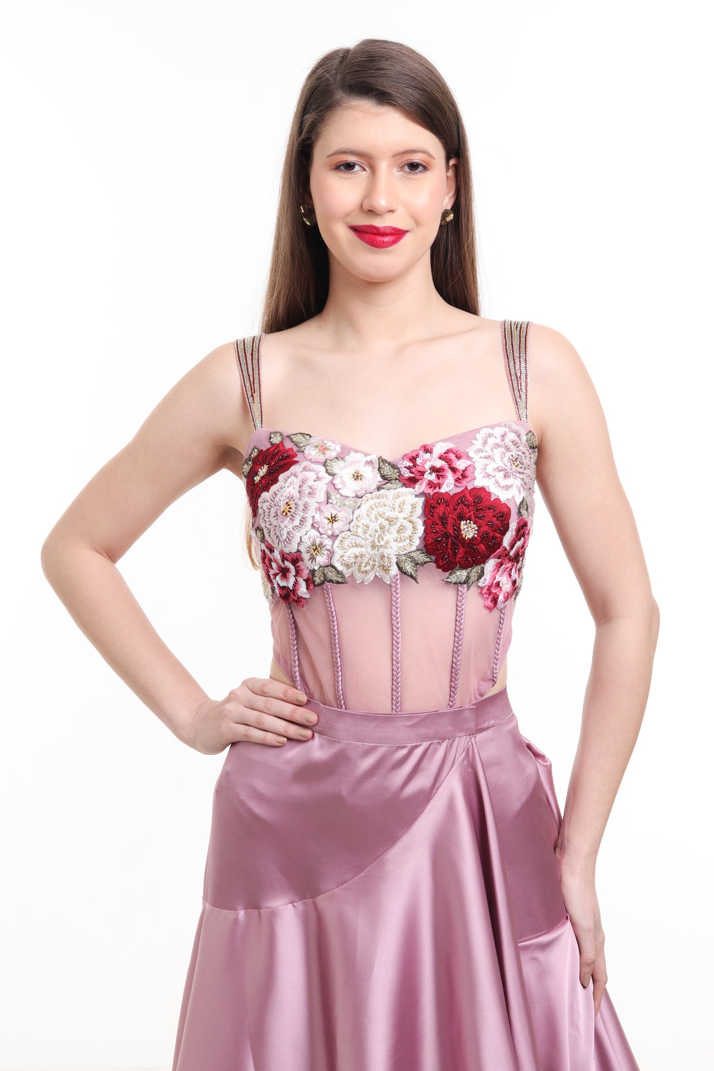 Mauve pre draped ruffle saree with embroidered bodysuit