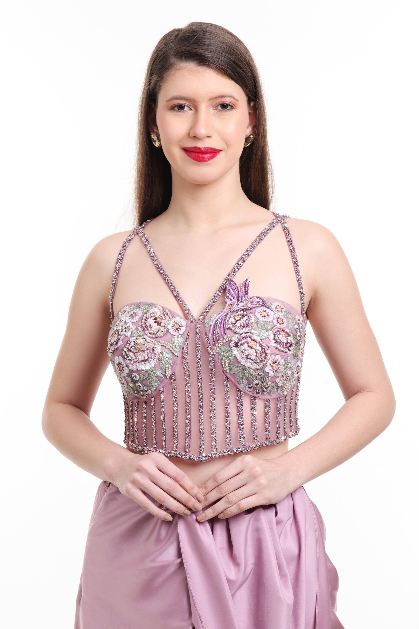 Mauve pre draped saree with embroidered corset blouse