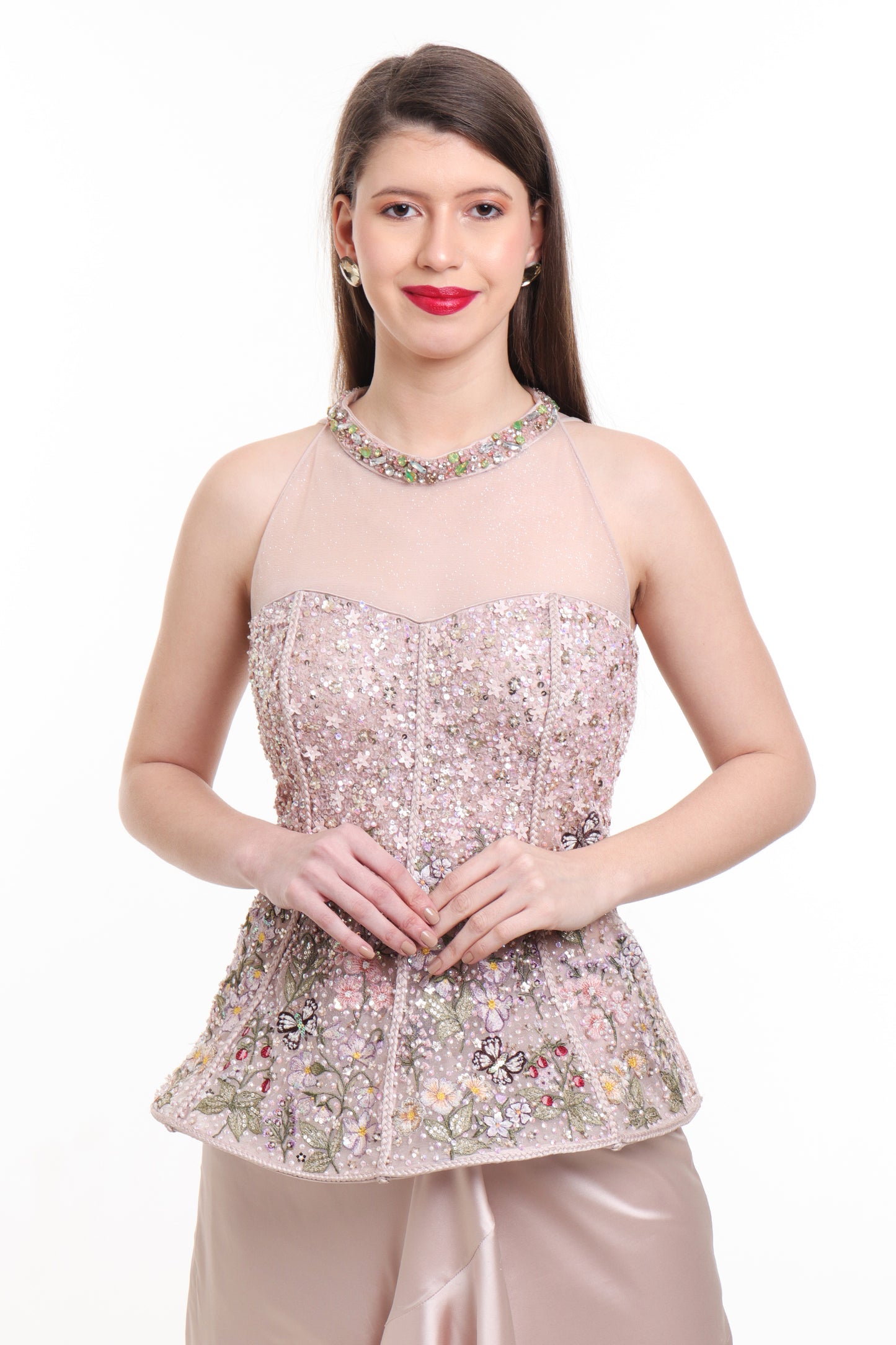 Biege pre draped ruffle skirt with structured top