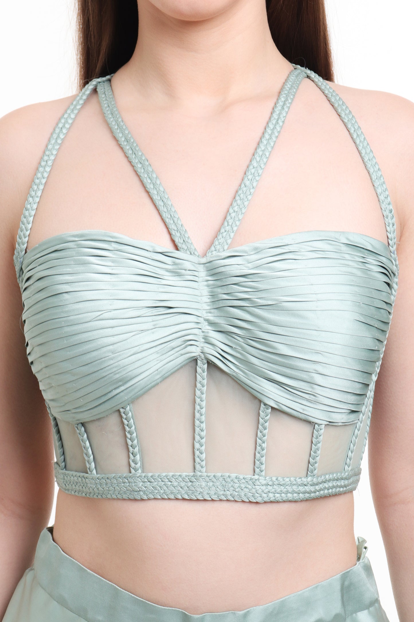 Misty jade green draped skirt with corset blouse and embroidered cape