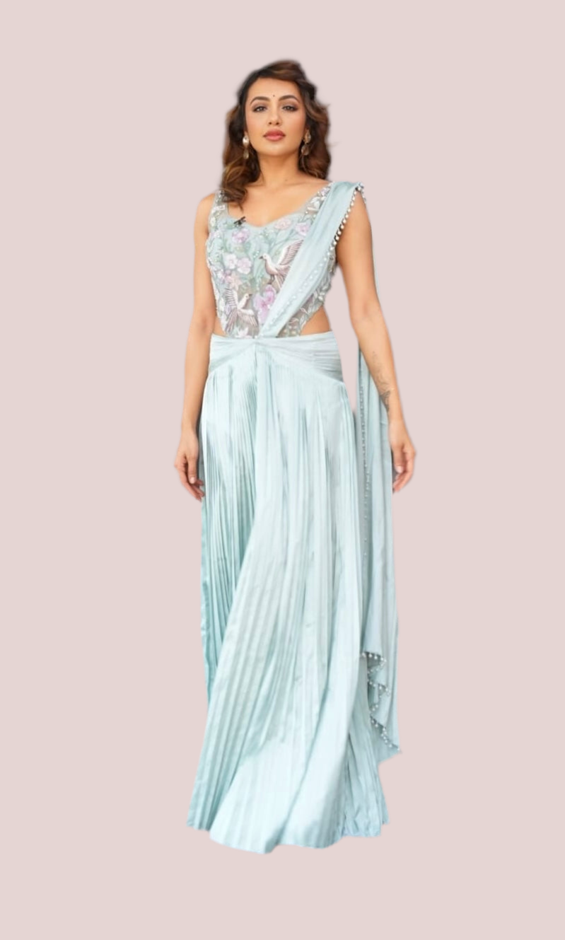 Sage green drape saree set