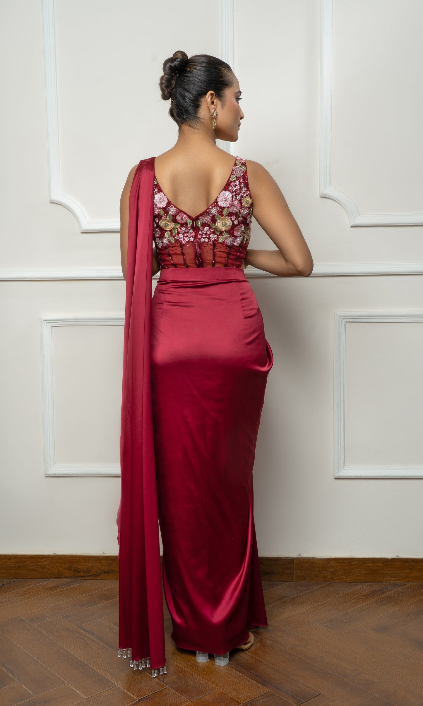 Maroon drape saree set with floral bodysuit