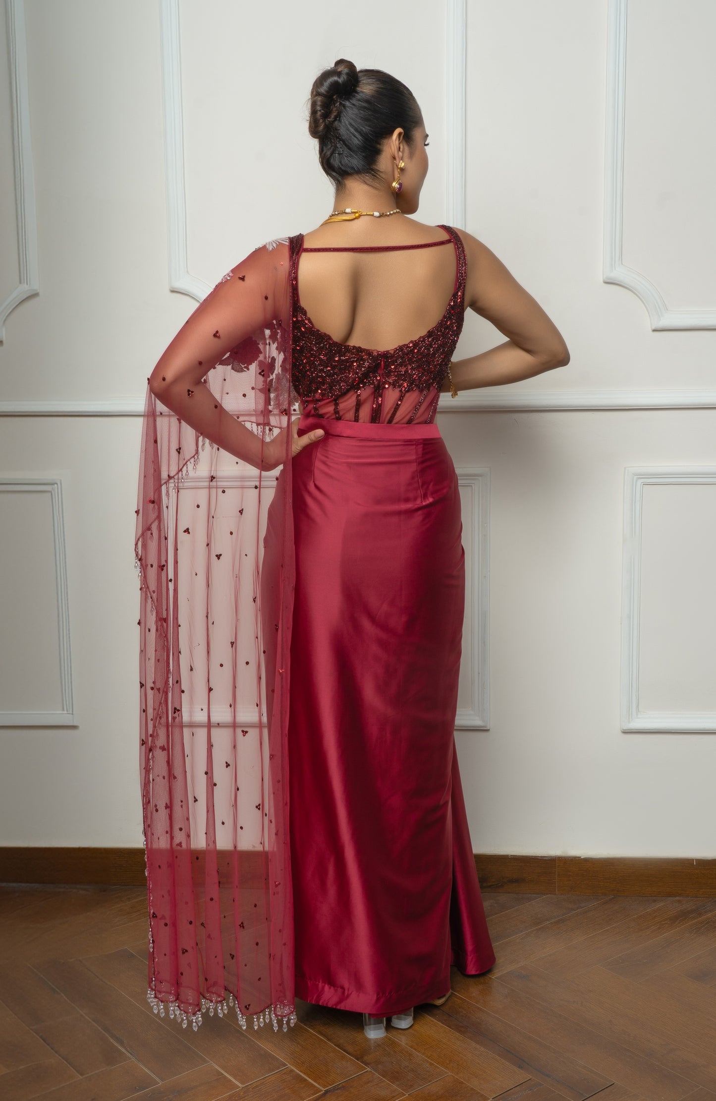 Maroon Drape Saree Set with embroidered Bodysuit