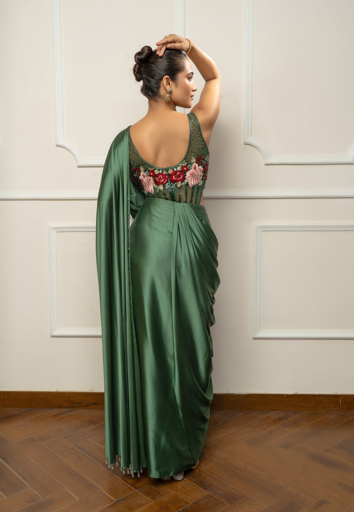 Green Drape Saree set with Floral body suit