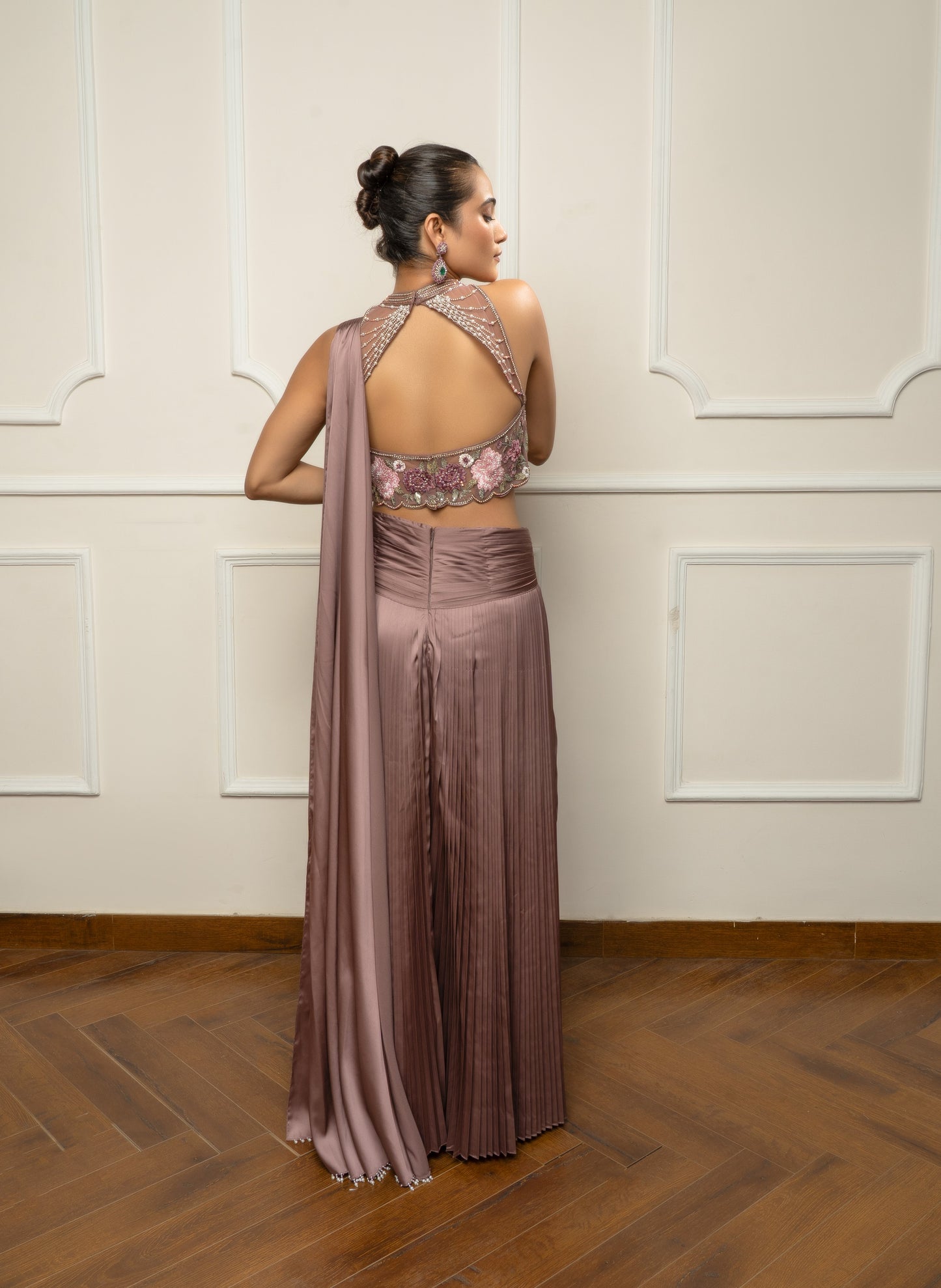 Mauve Taupe Pleated Skirt with Embroidered Blouse