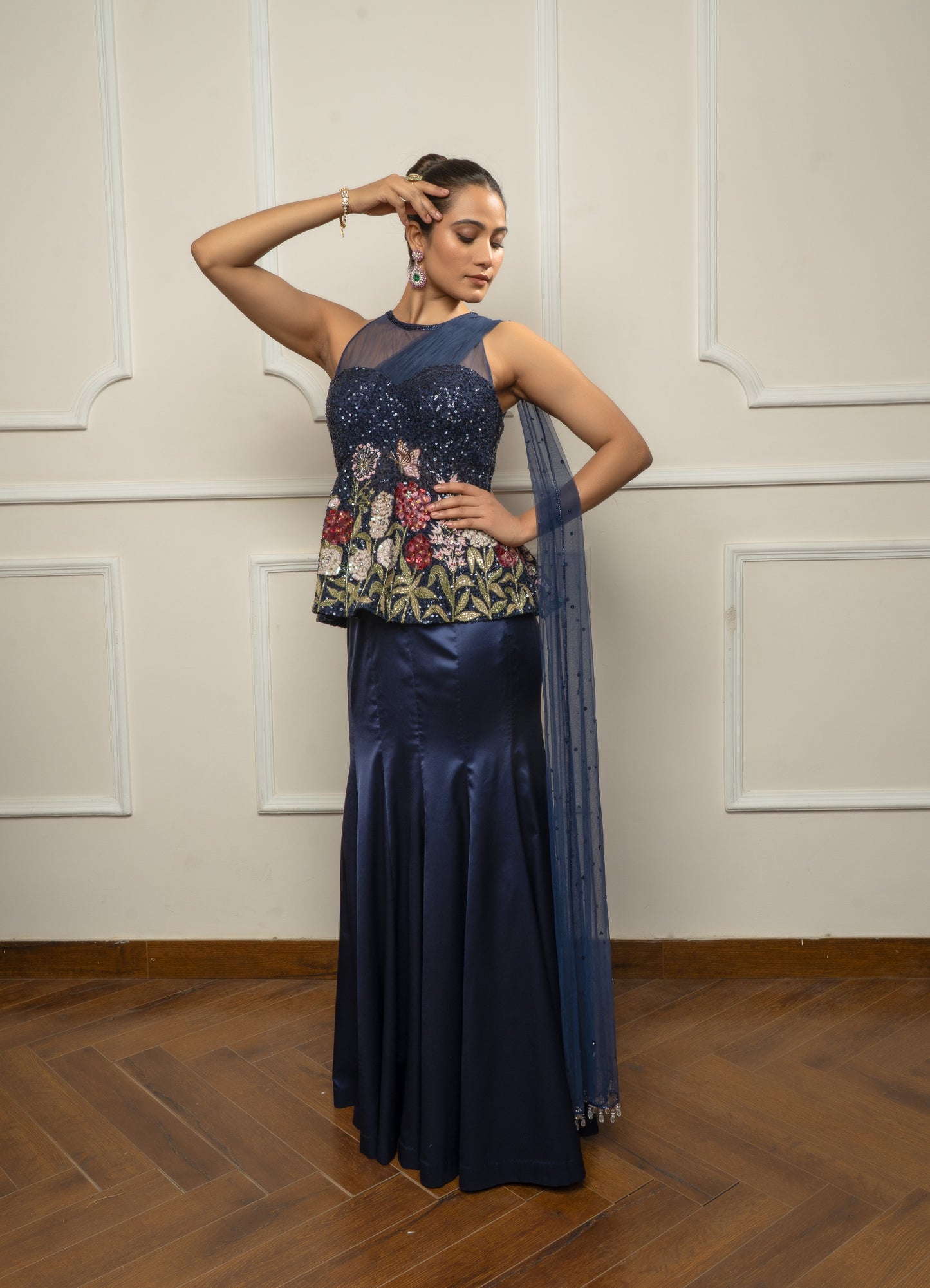 Navy blue embroidered top with skirt