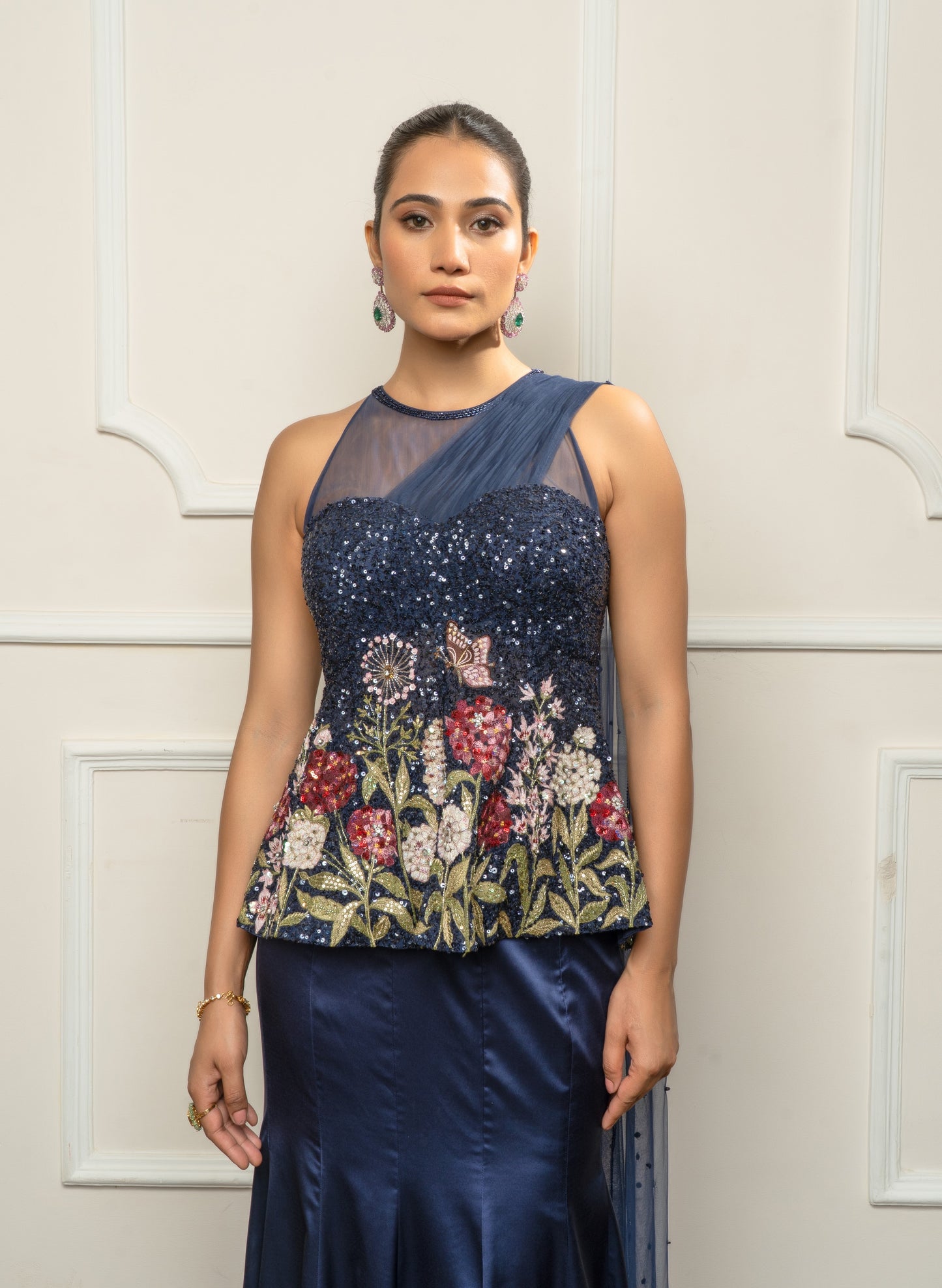 Navy blue embroidered top with skirt
