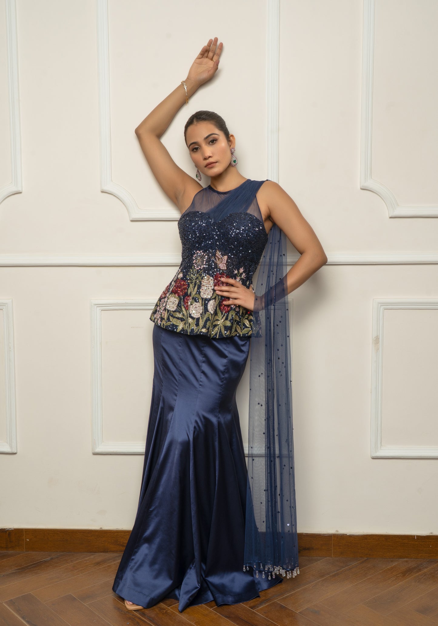 Navy blue embroidered top with skirt