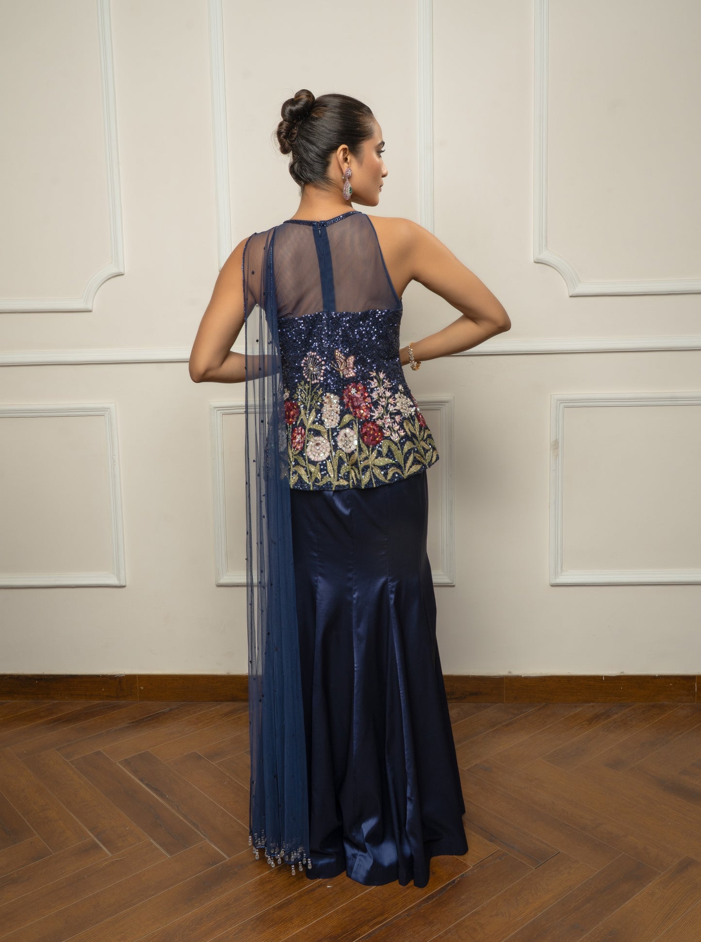 Navy blue embroidered top with skirt