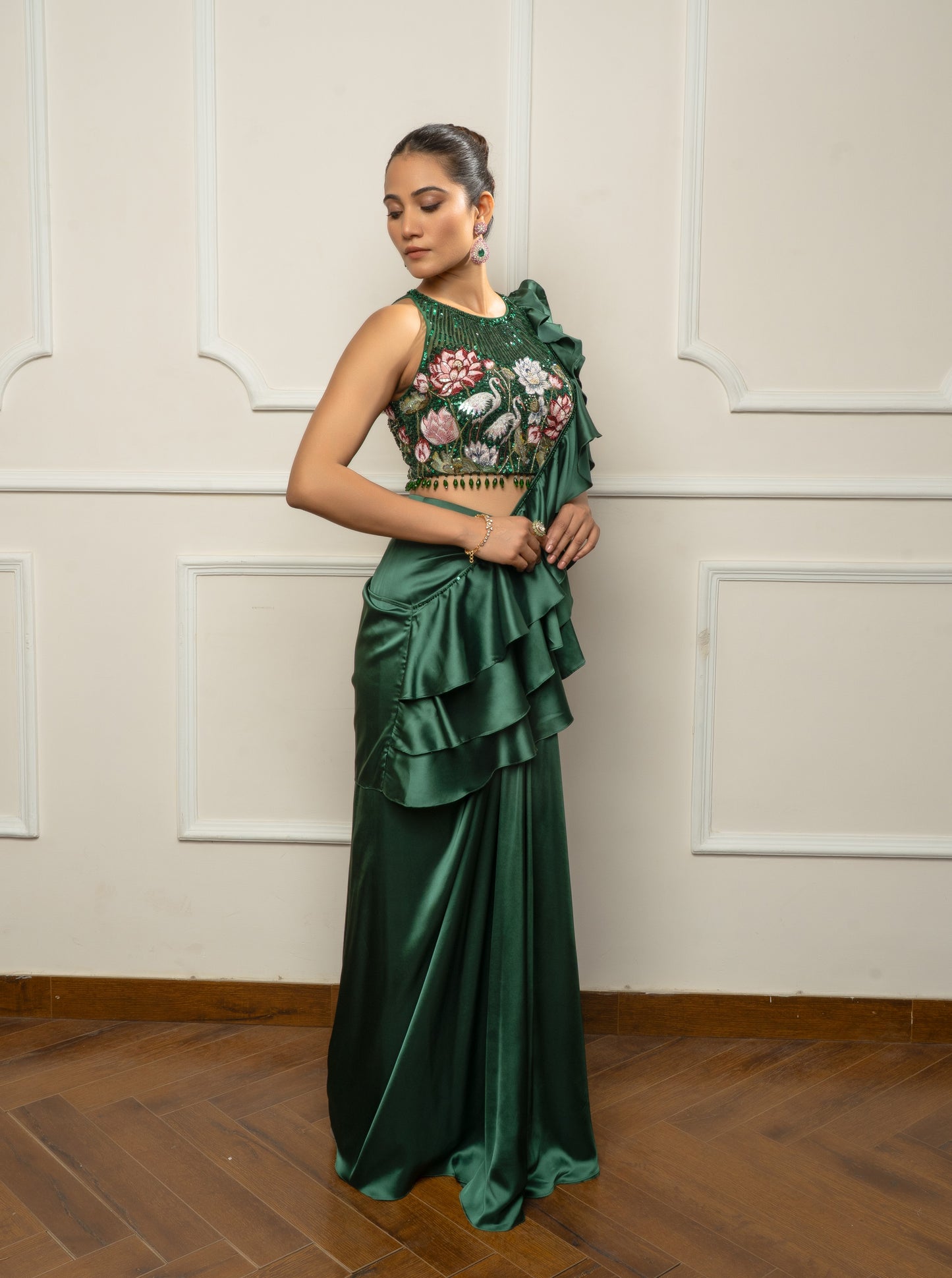 Bottle green drape saree set