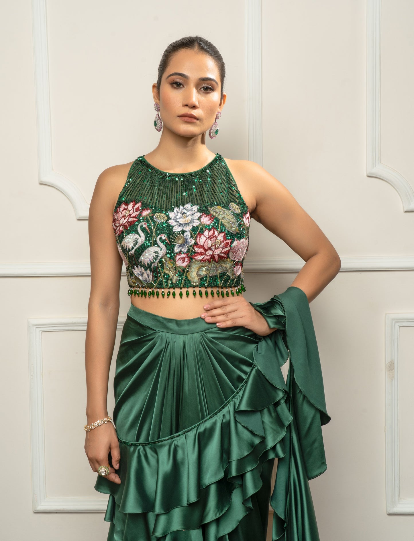 Bottle green drape saree set
