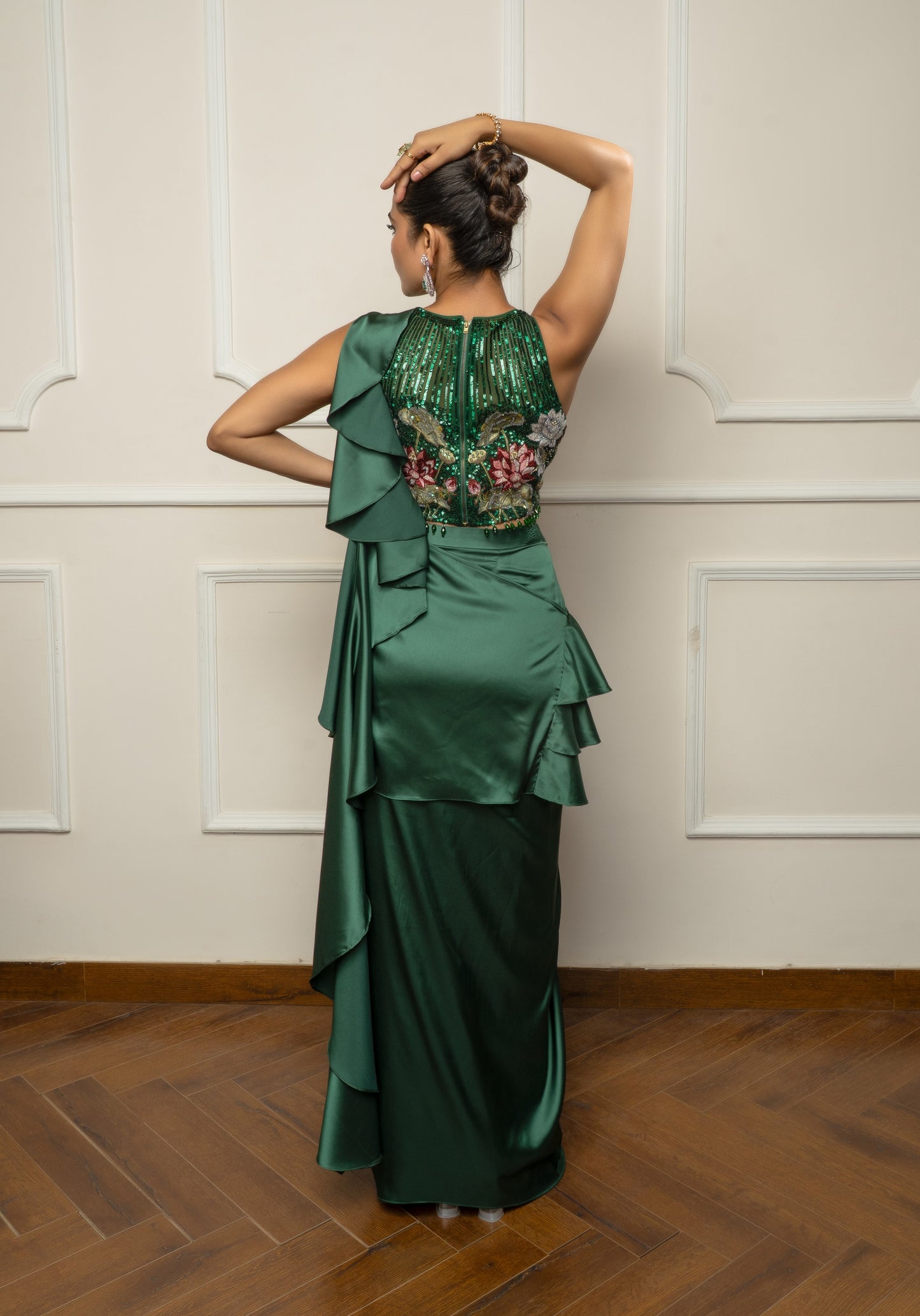 Bottle green drape saree set
