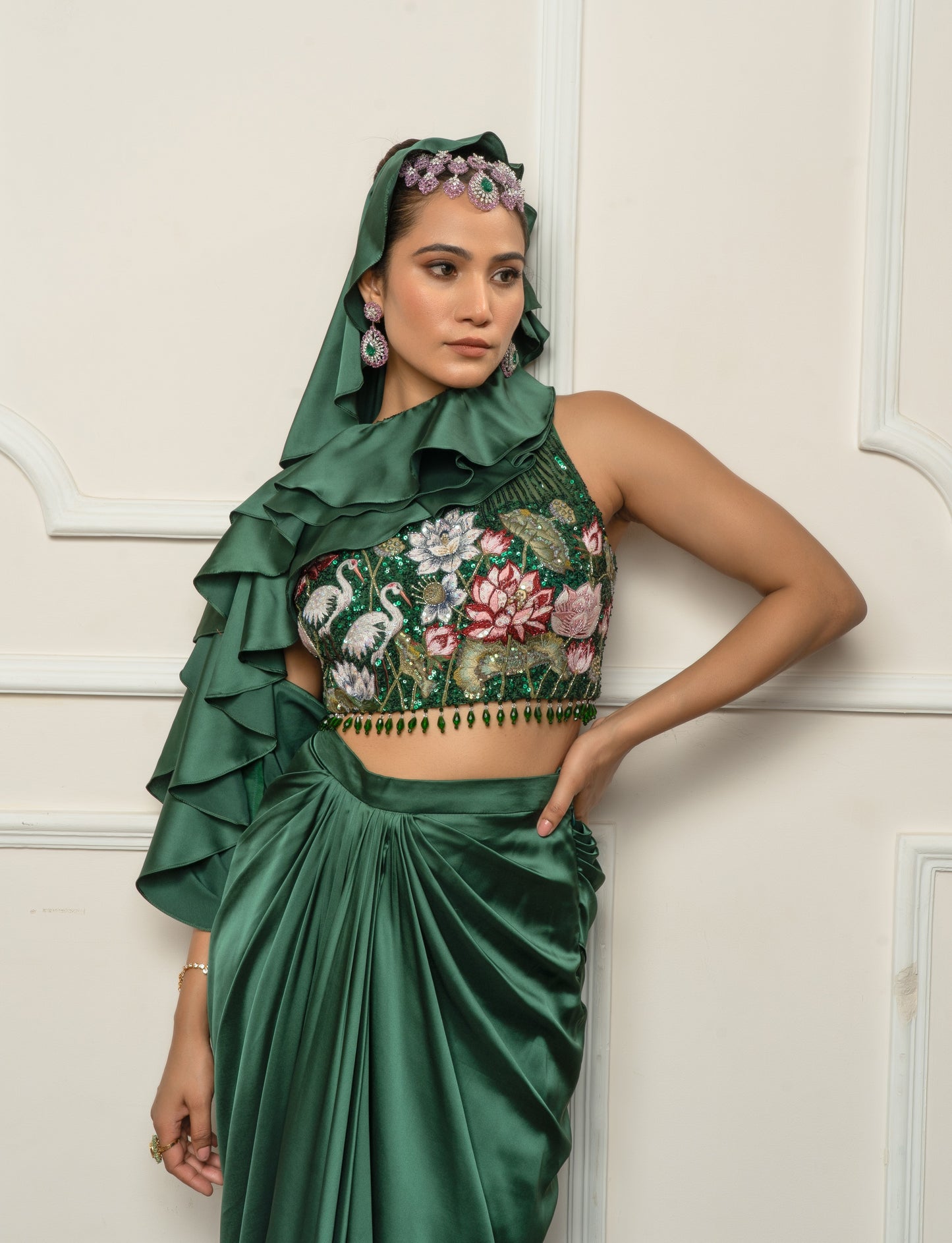 Bottle green drape saree set