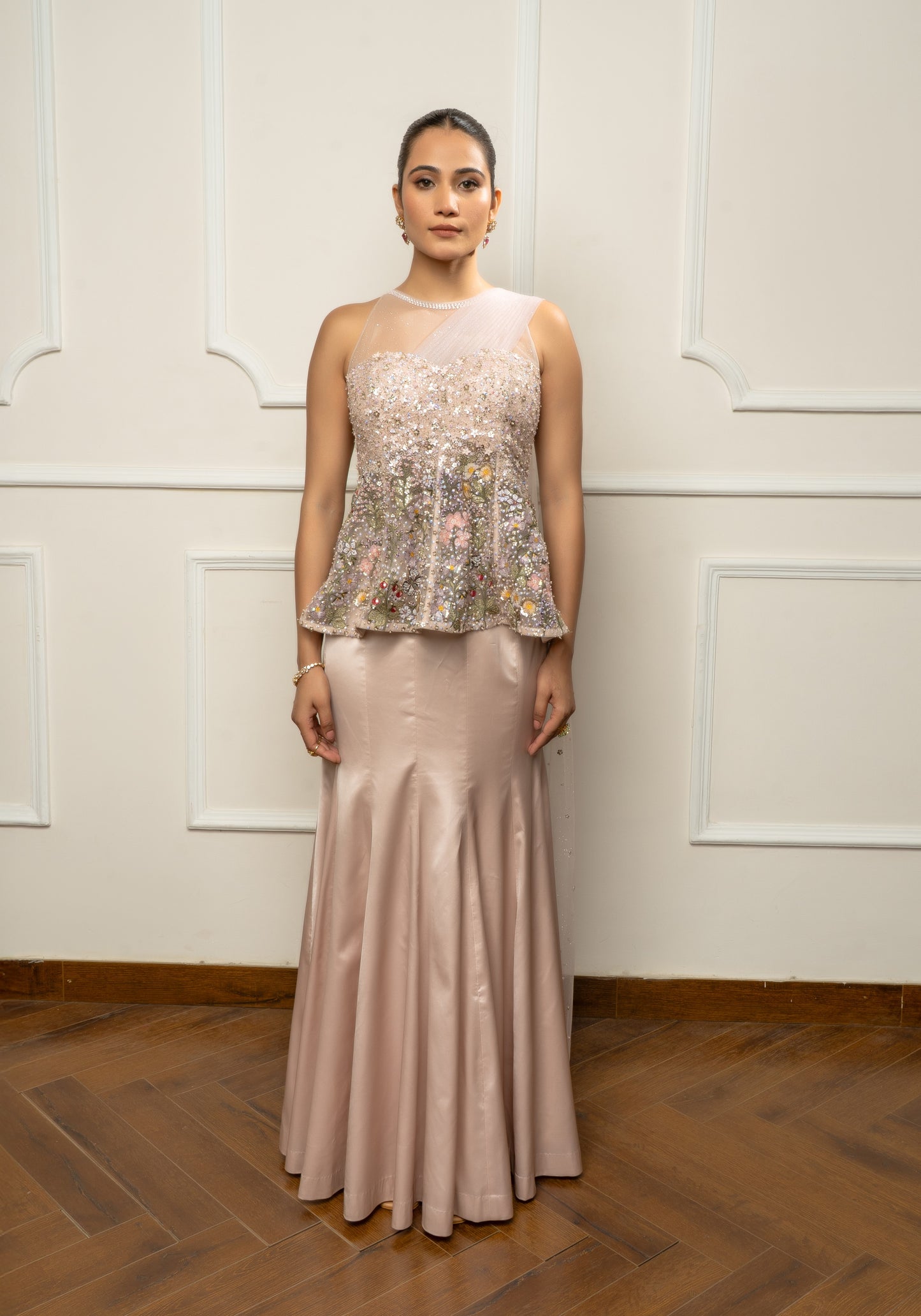Beige embroidered top with skirt