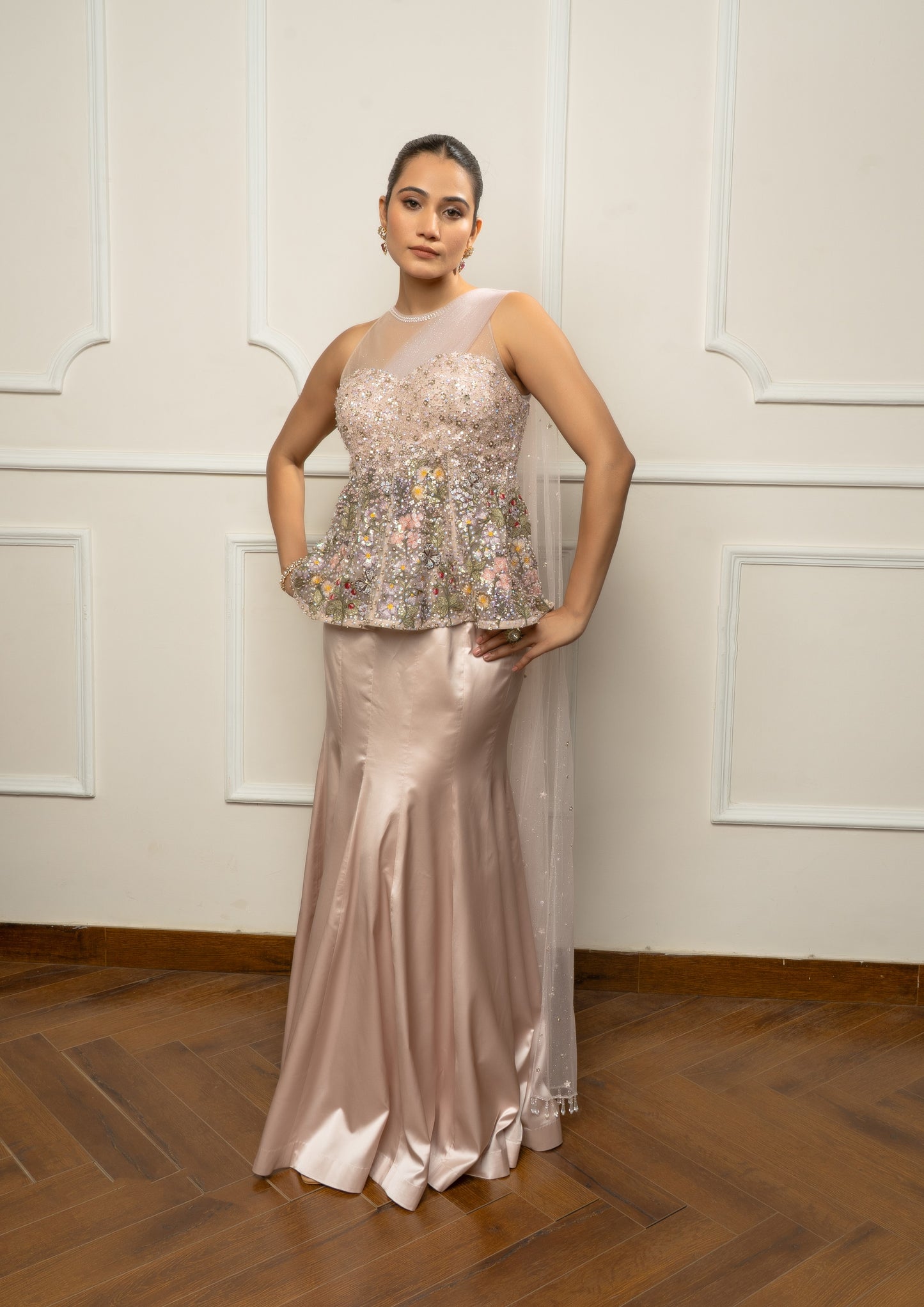 Beige embroidered top with skirt