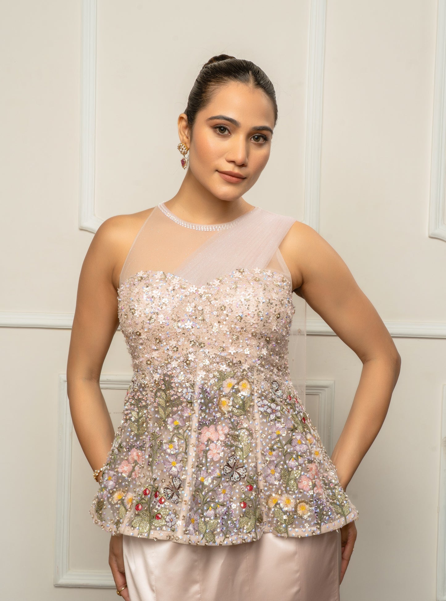 Beige embroidered top with skirt