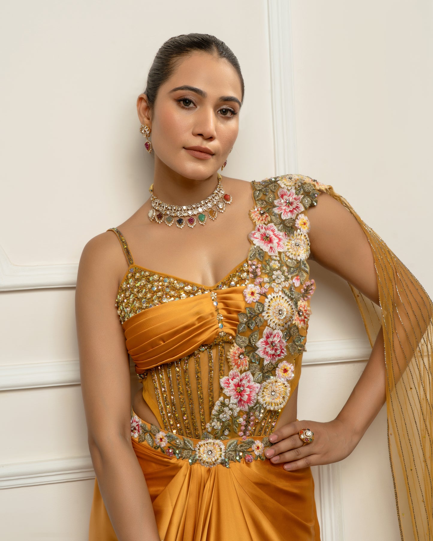 Mustard yellow drape saree set with bodysuit