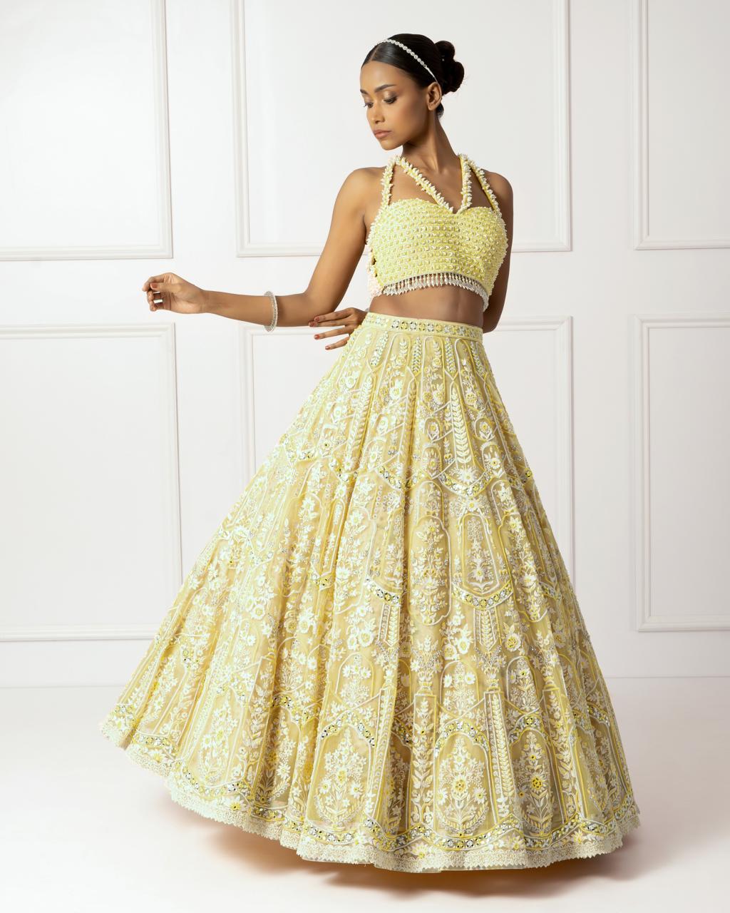 Yellow and ivory floral lehenga