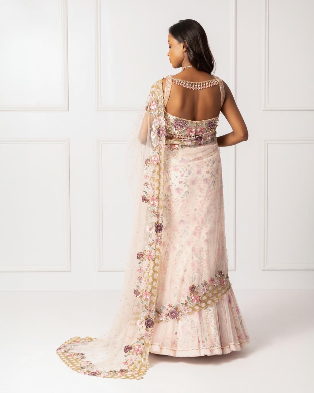 Pink embroidered drape saree set