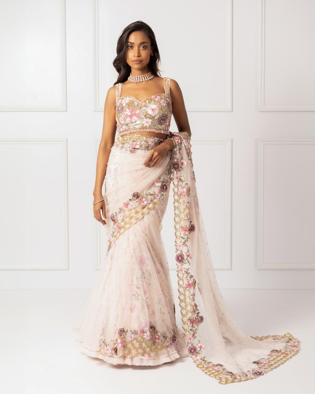 Pink embroidered drape saree set