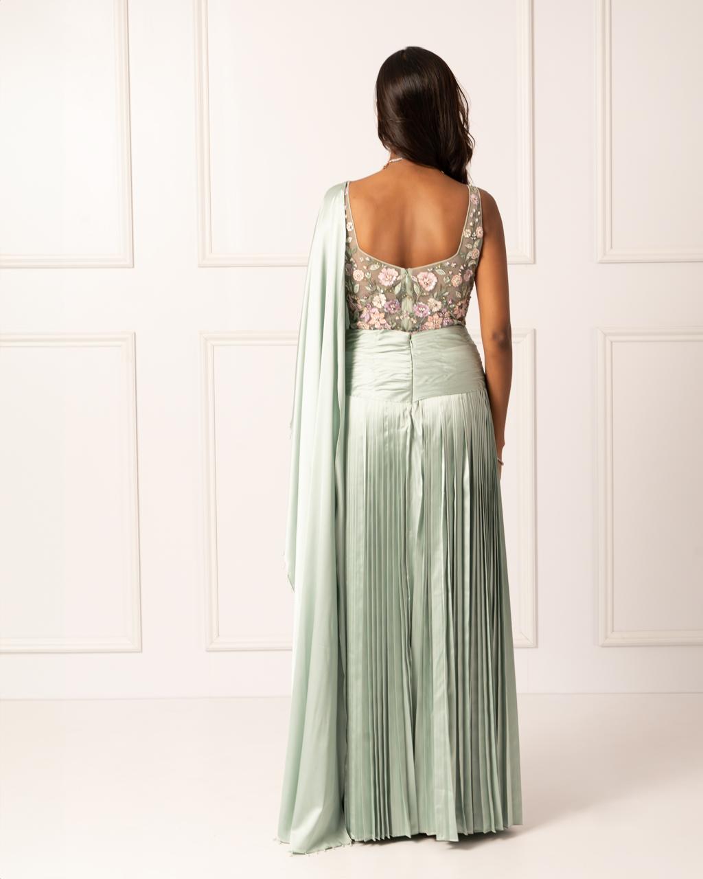 Sage green drape saree set